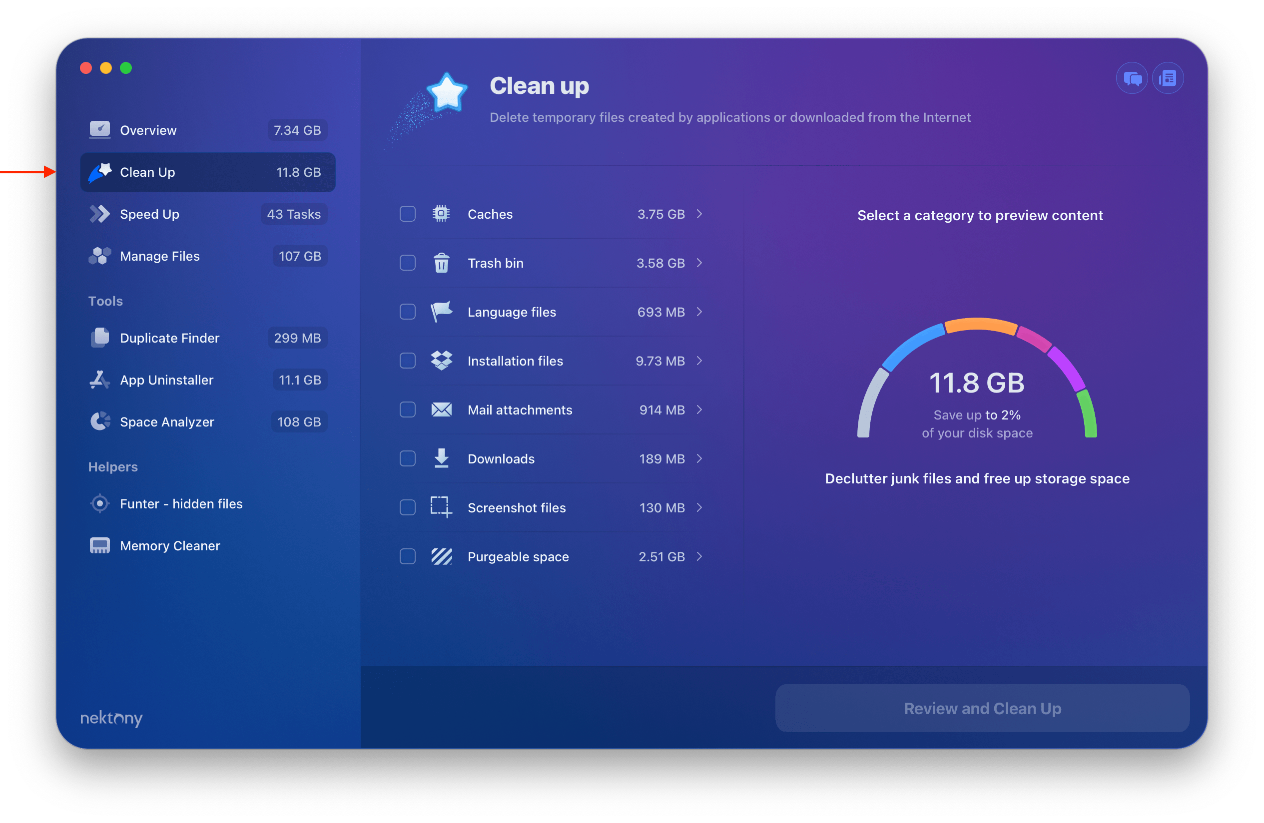 Clean Up option in MacCleaner Pro