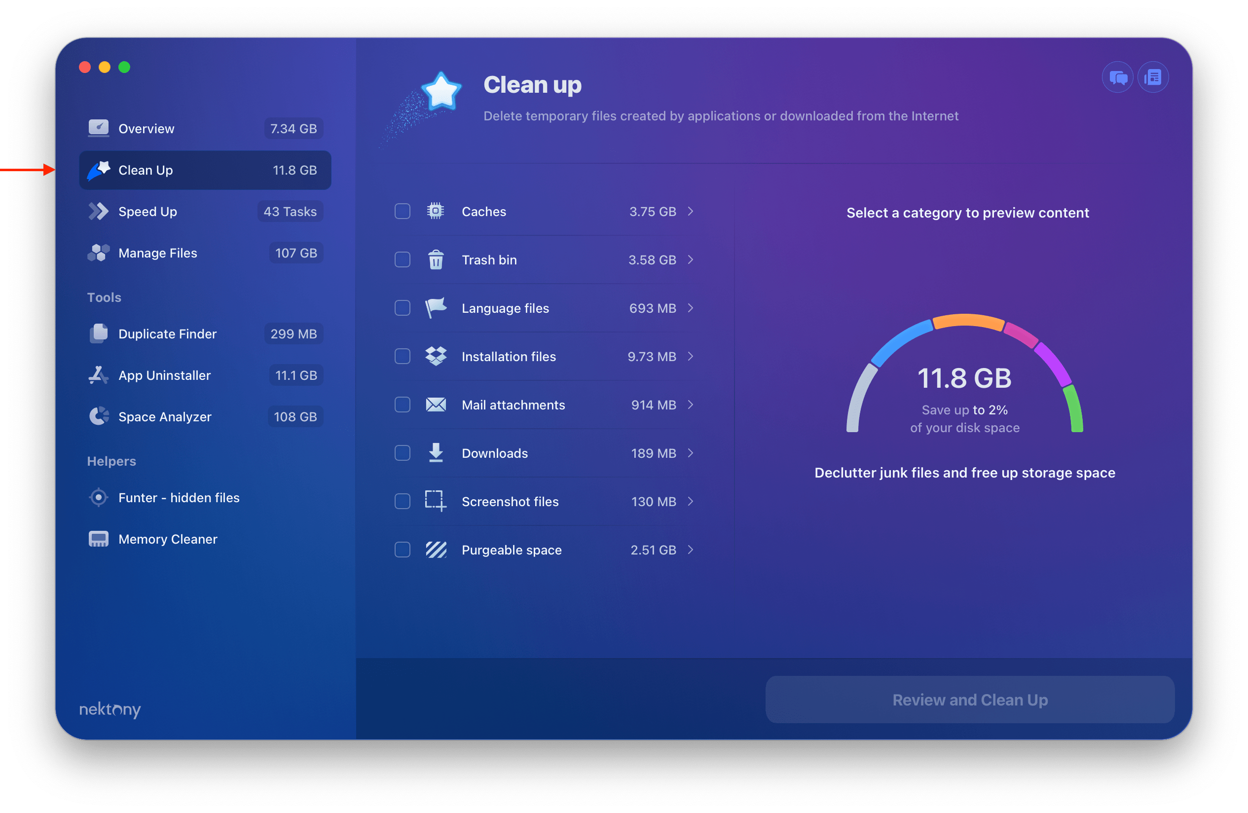 maccleaner pro showing the cleanup section