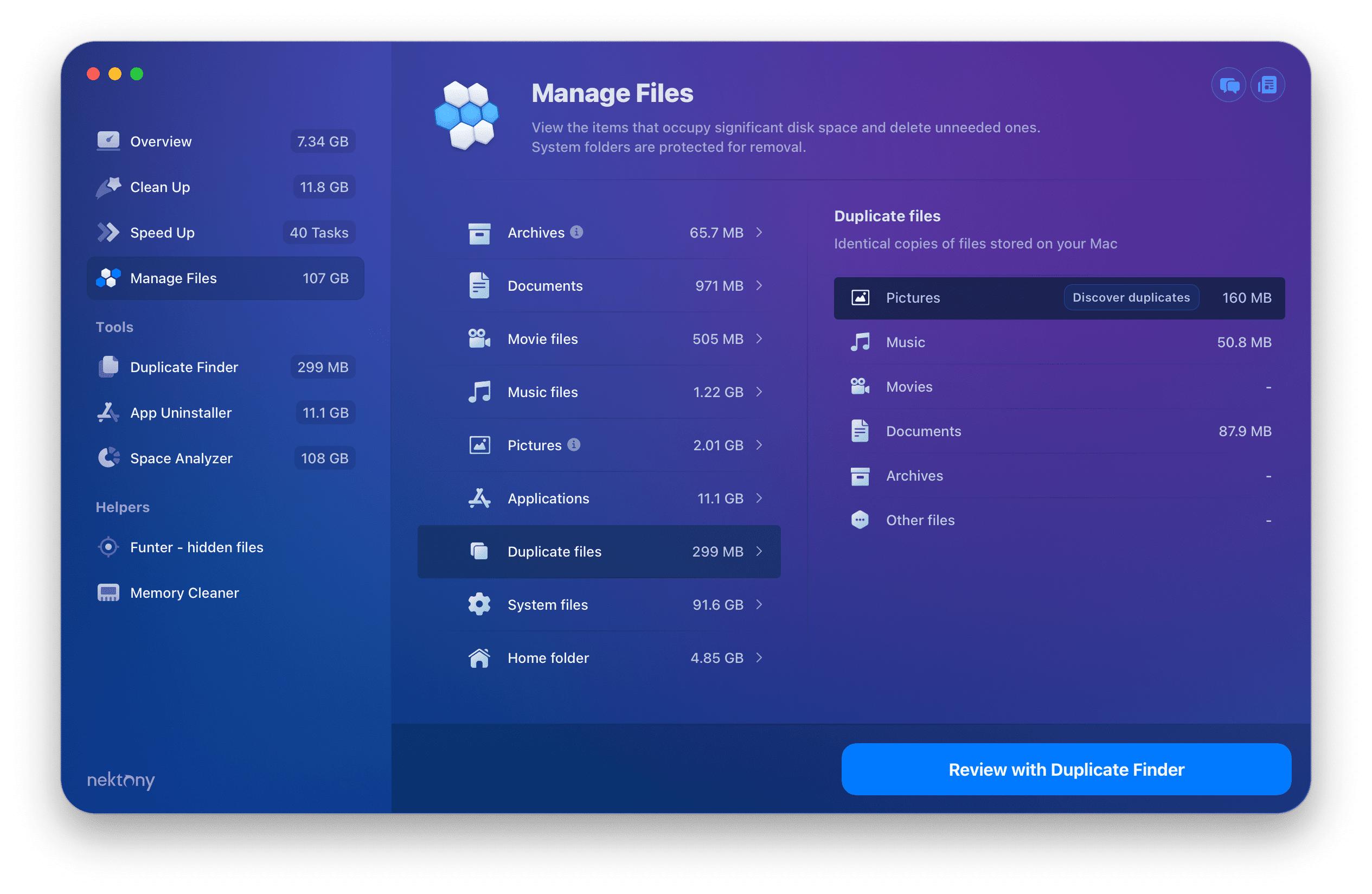 Manage files section in MacCleaner Pro
