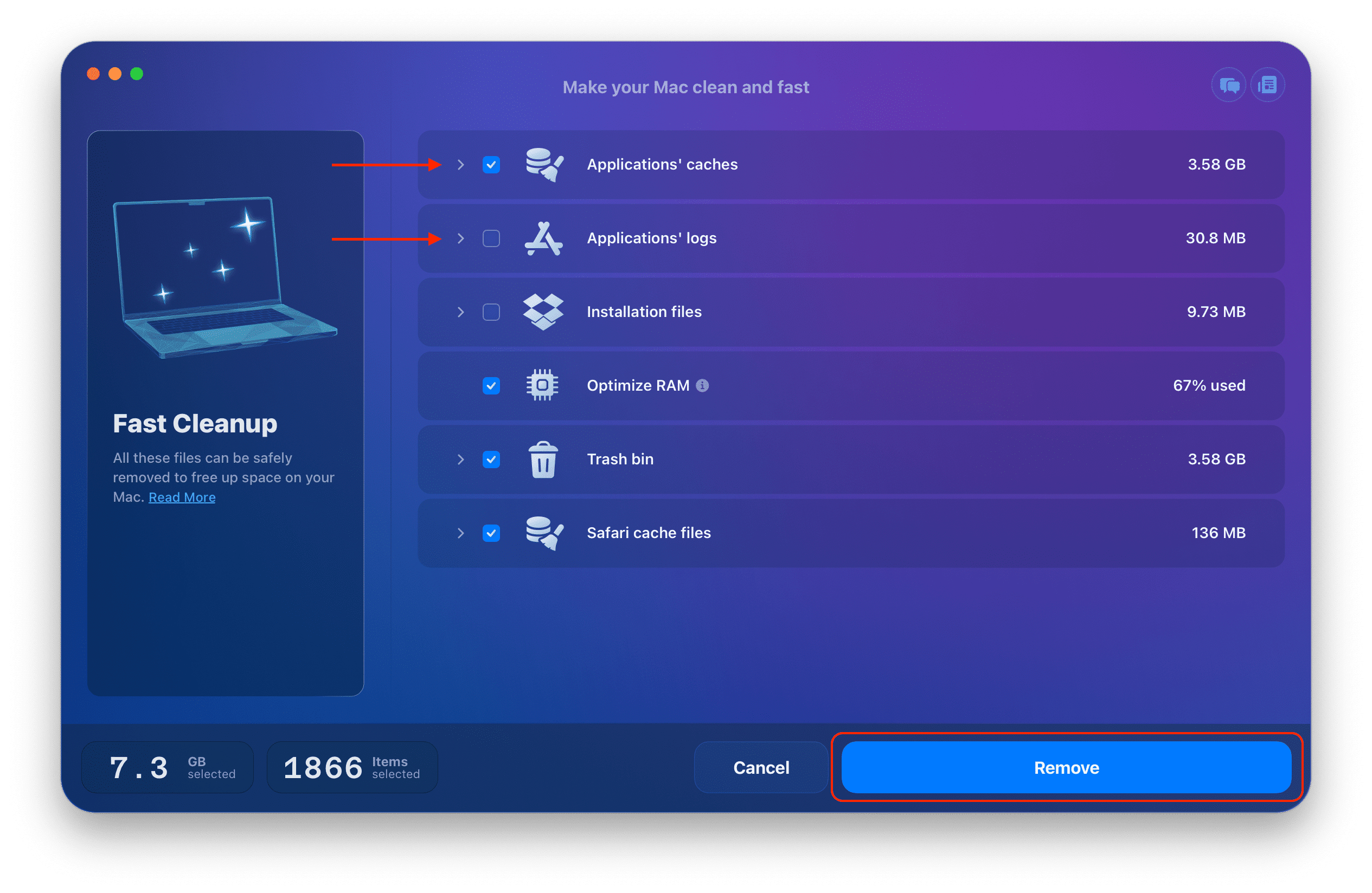 MacCleaner Pro showing the options in the fast cleanup mode