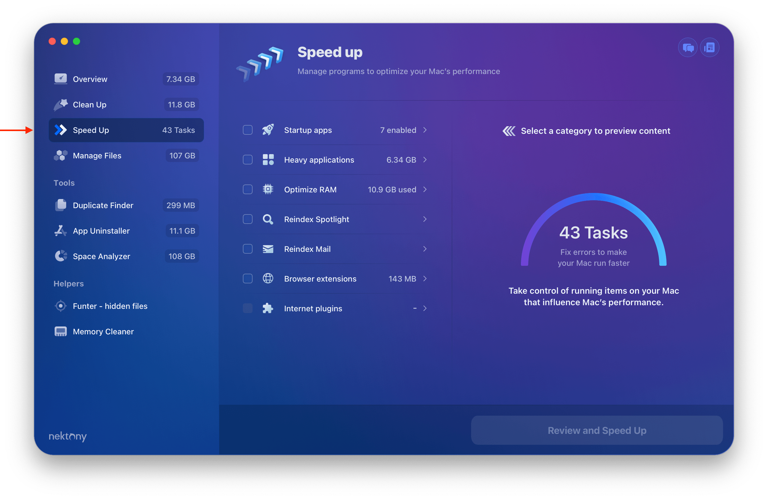 MacCleaner Pro showing the speedup options