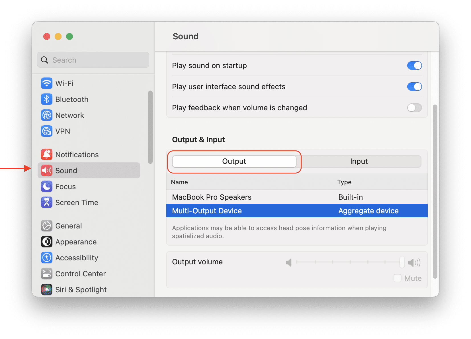 System settings showing sound window