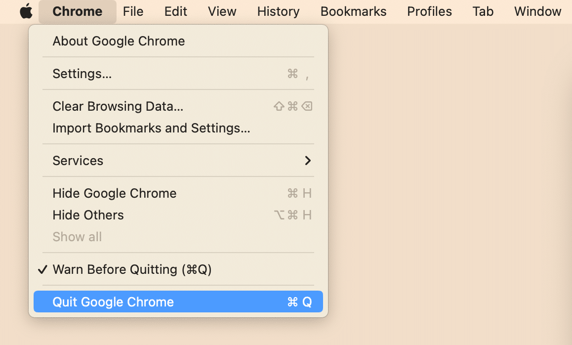 Chrome menu showing the option to quit