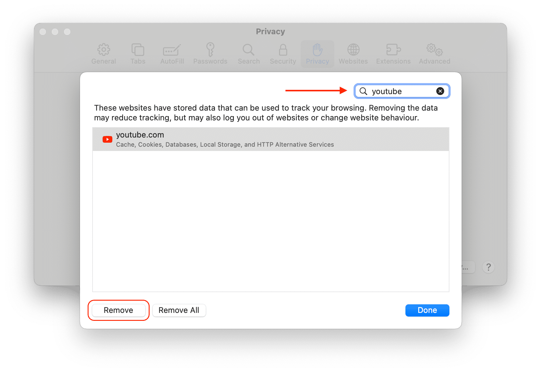 Safari preferences showing how to clear youtube cache