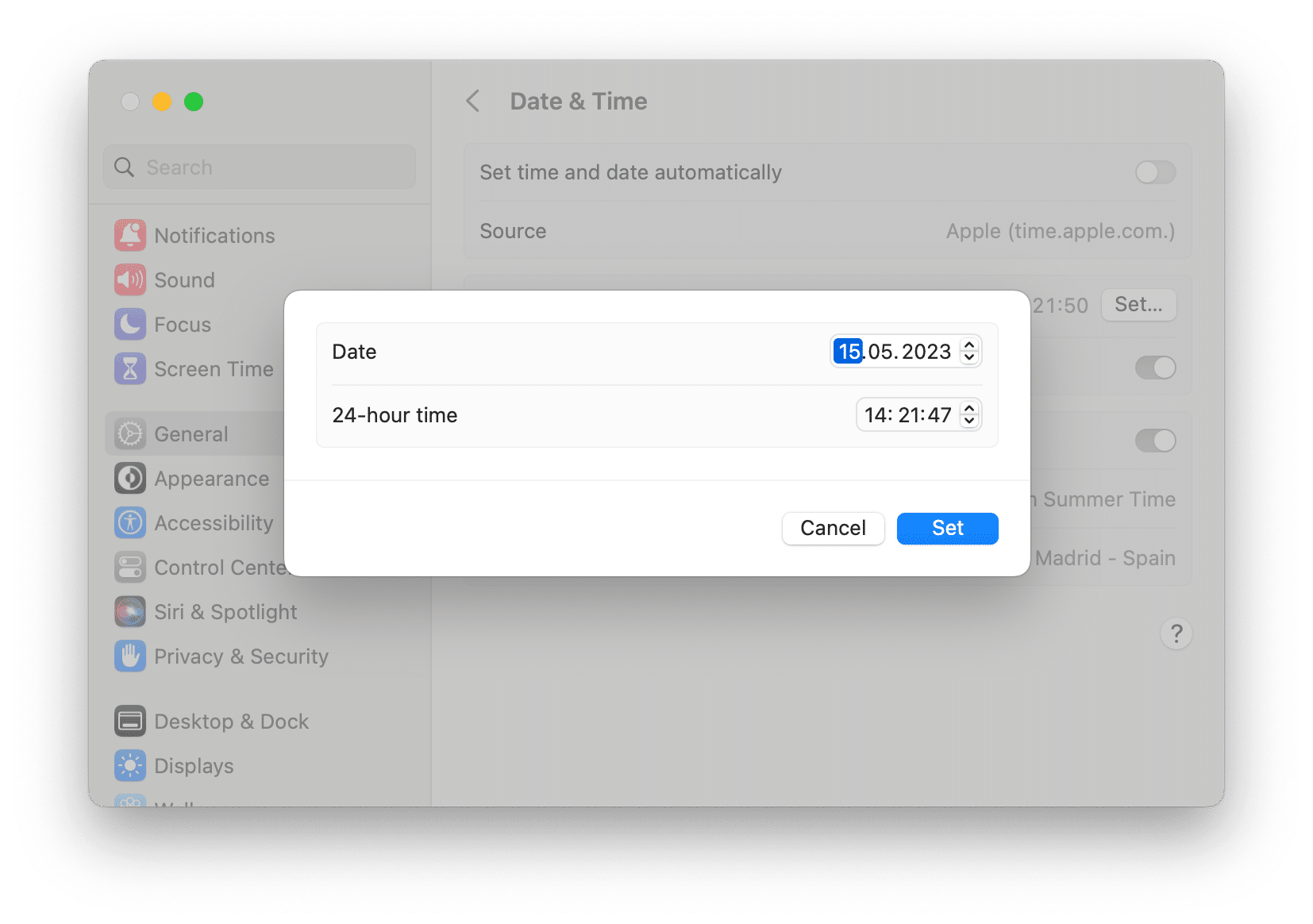 date and time settings on a Mac