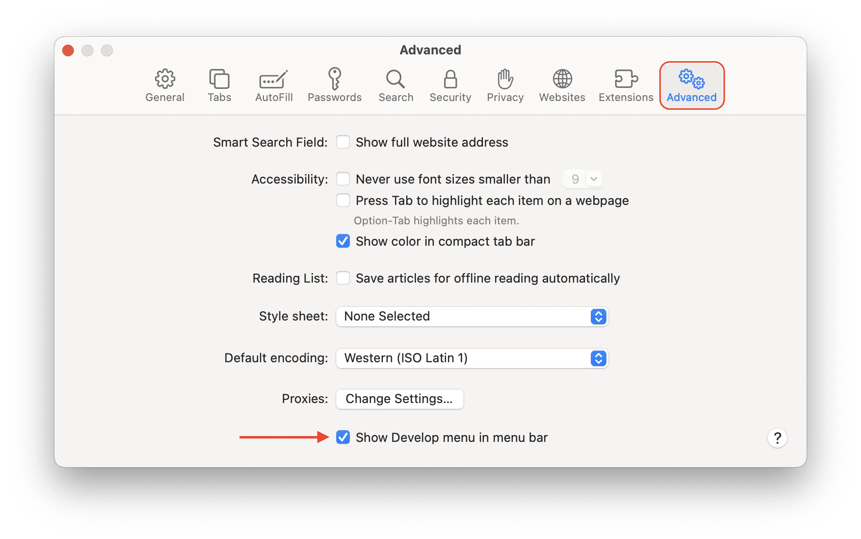 Safari settings showing the advanced tab