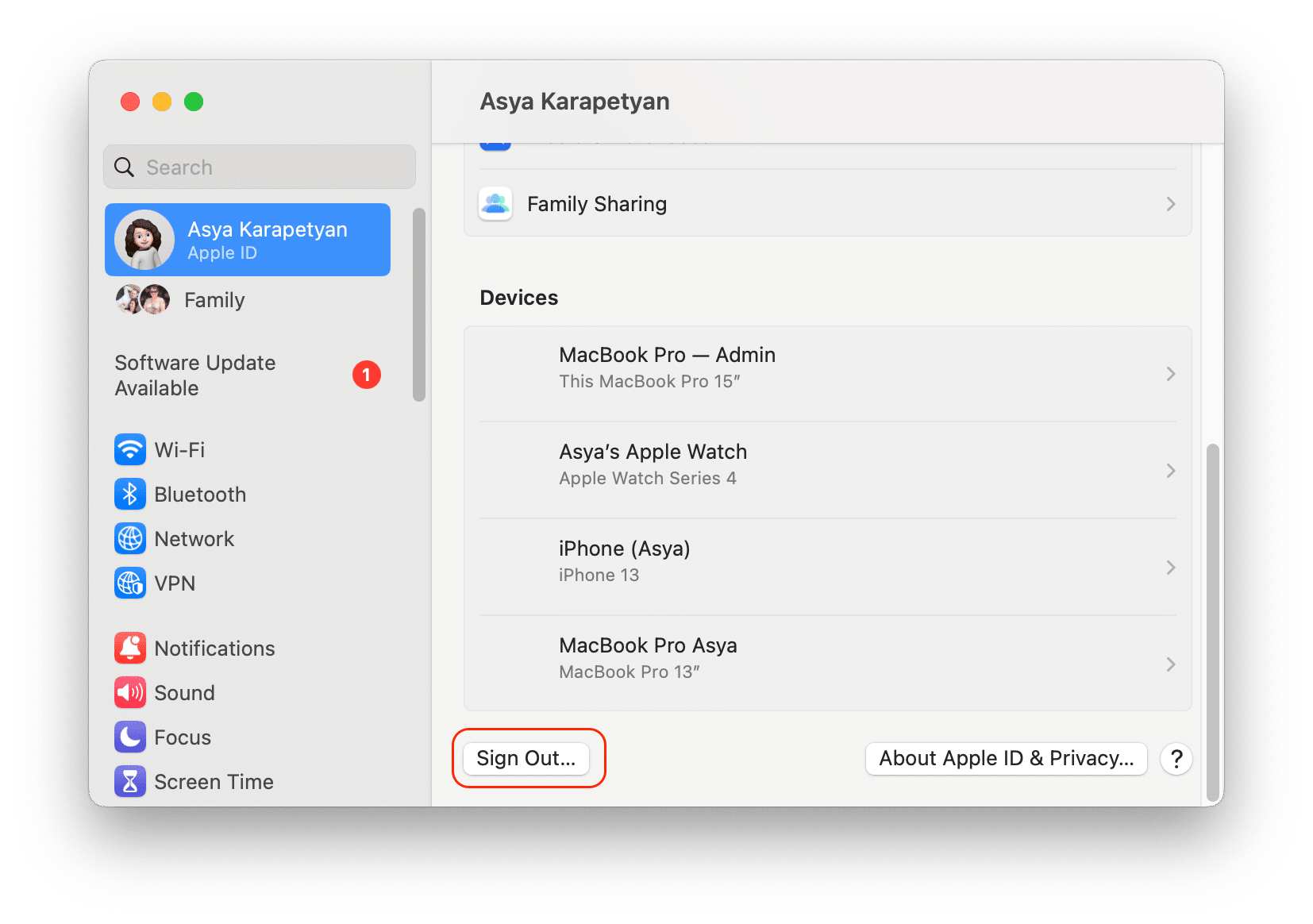 Apple ID setting with the Sign Out button highlighted