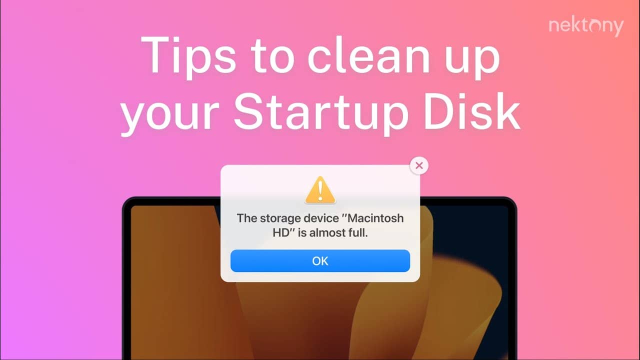 YouTube cover Disk cleanup on Mac. Tips to prevent Startup Disk Full error.
