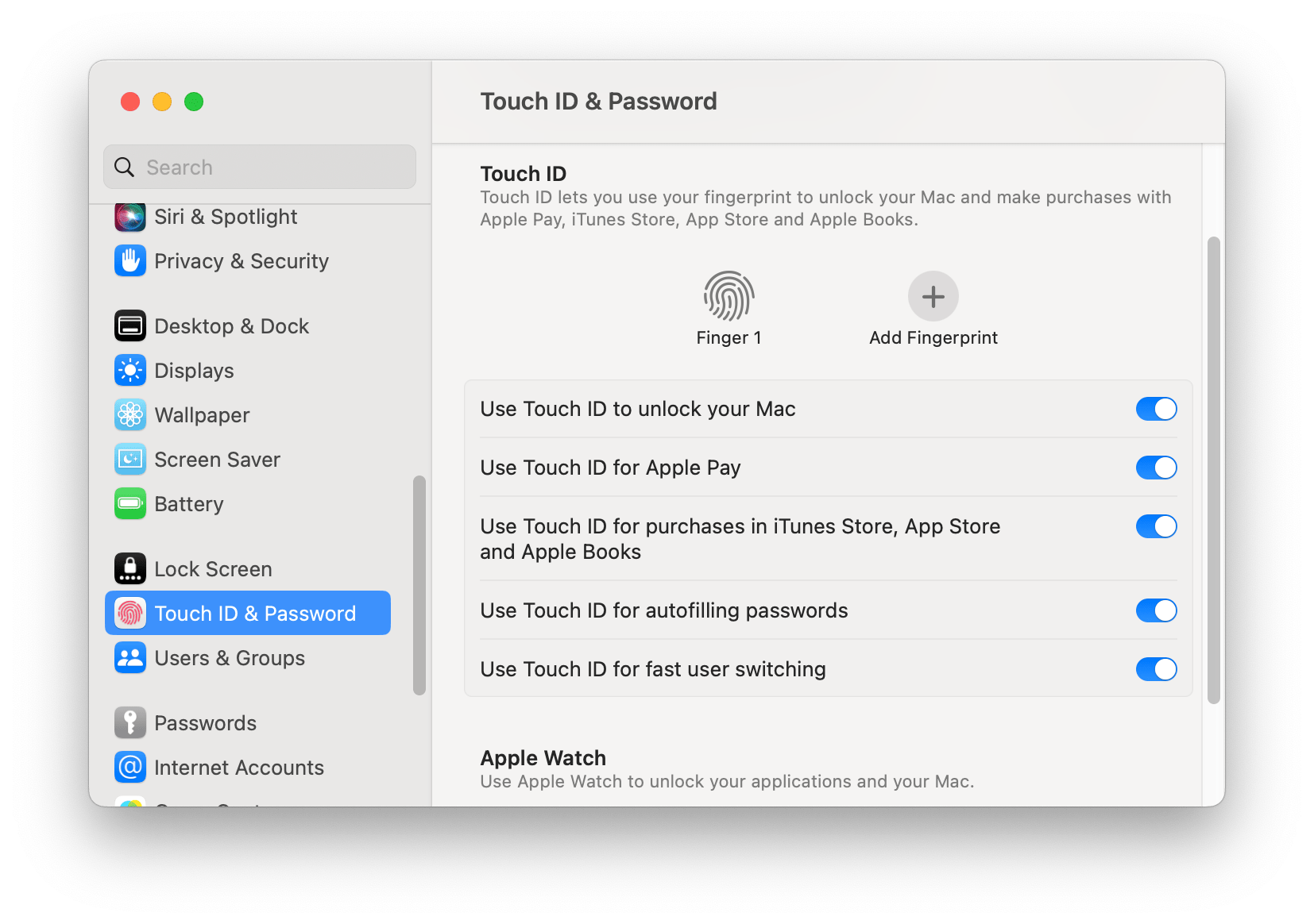 System settings showing Touch ID section