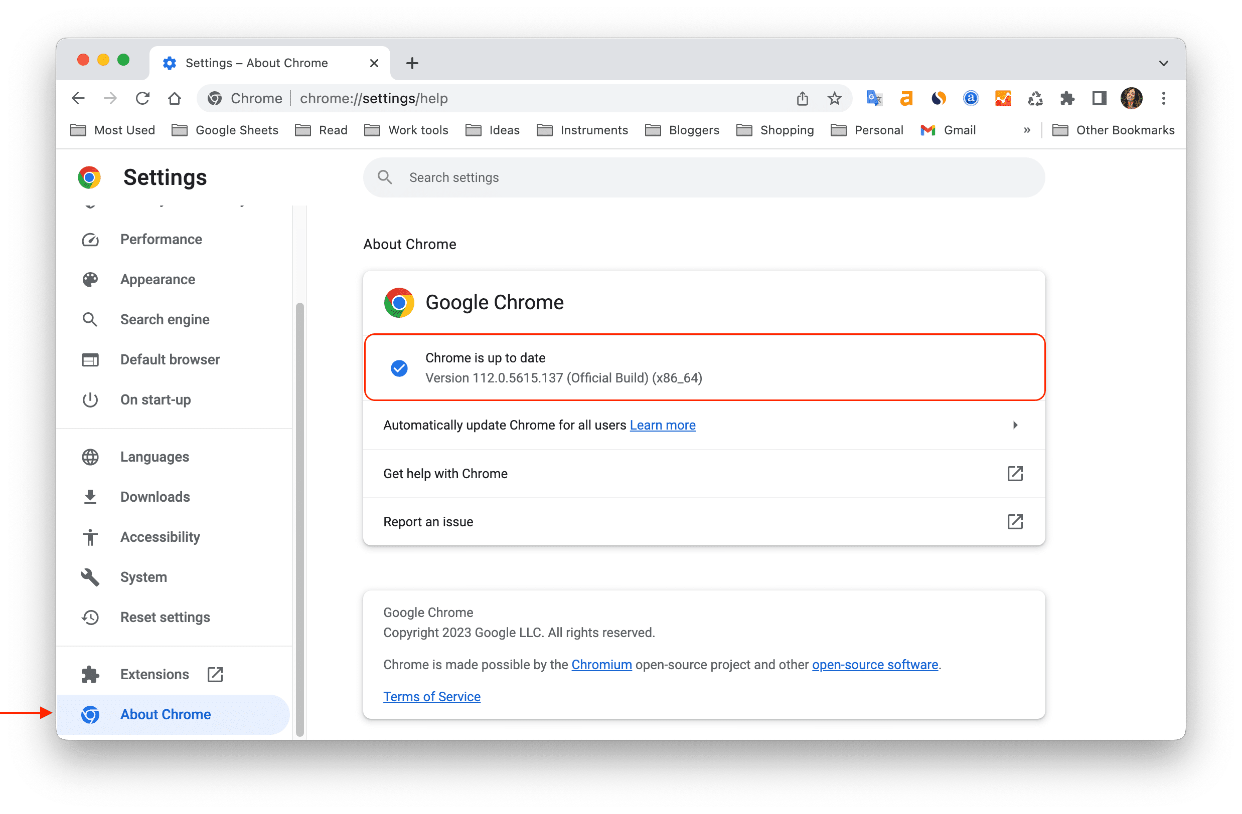 Chrome settings showing information about update