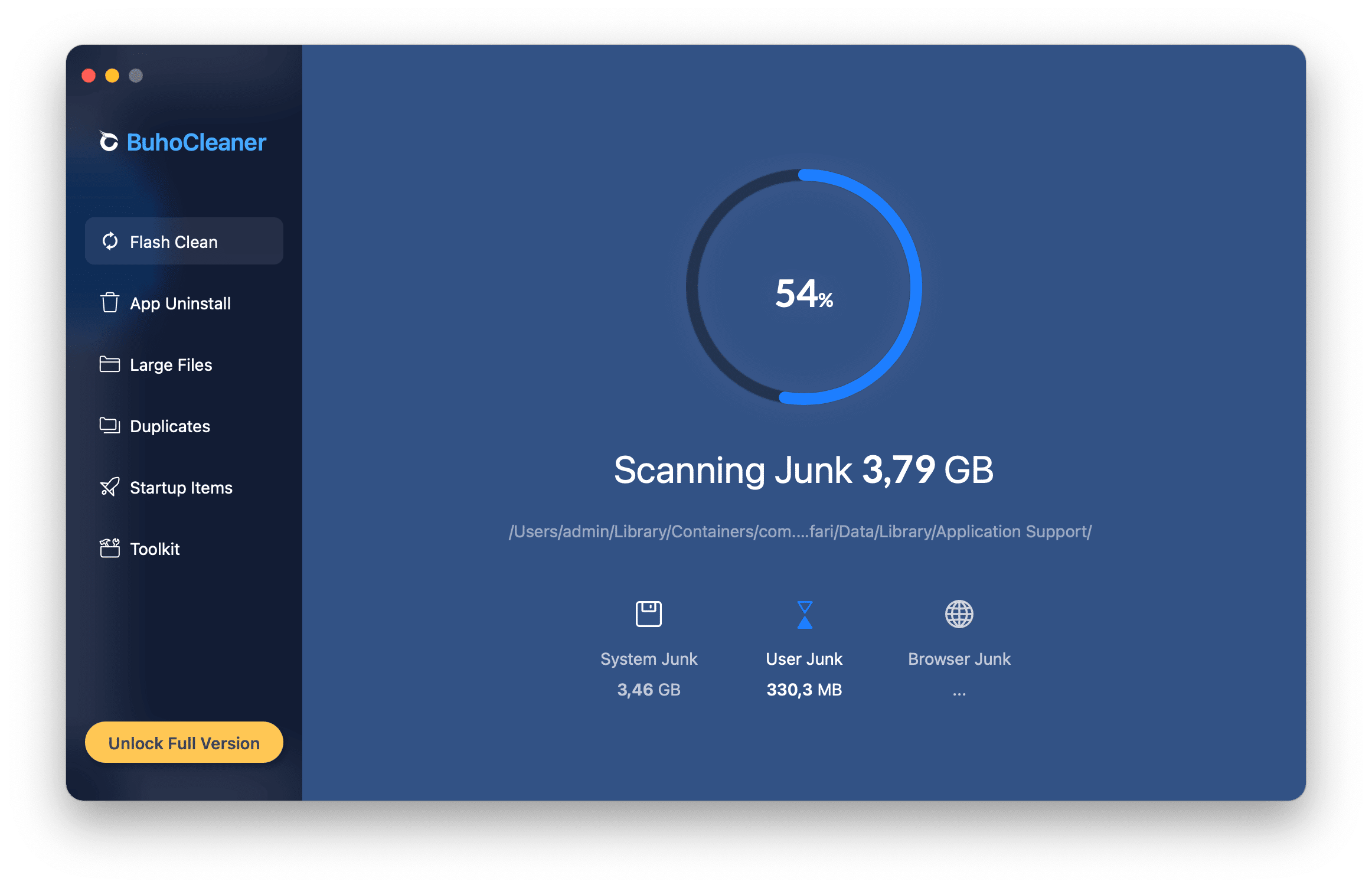 BuhoCleaner window showing scanning process