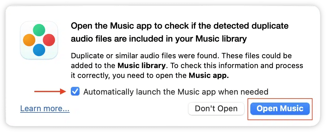 popup window in Duplicate File Finder asking to open Music