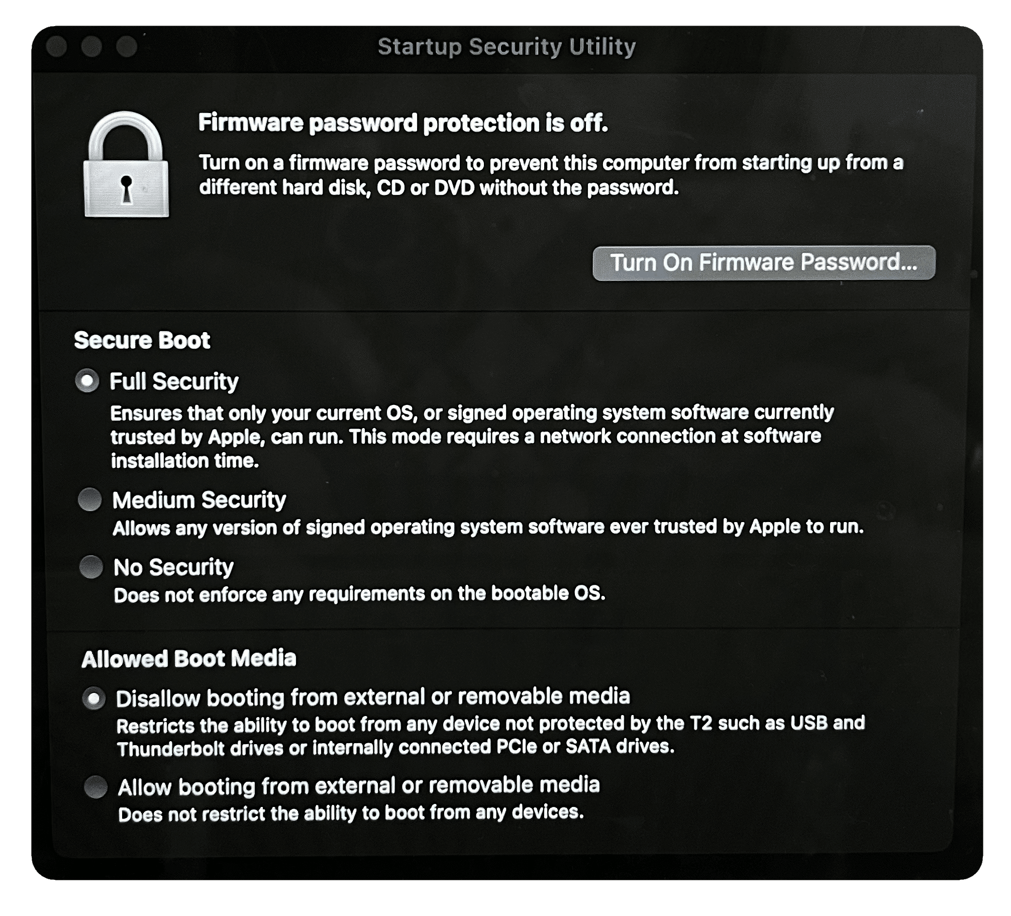 Startup Security Utility settings window