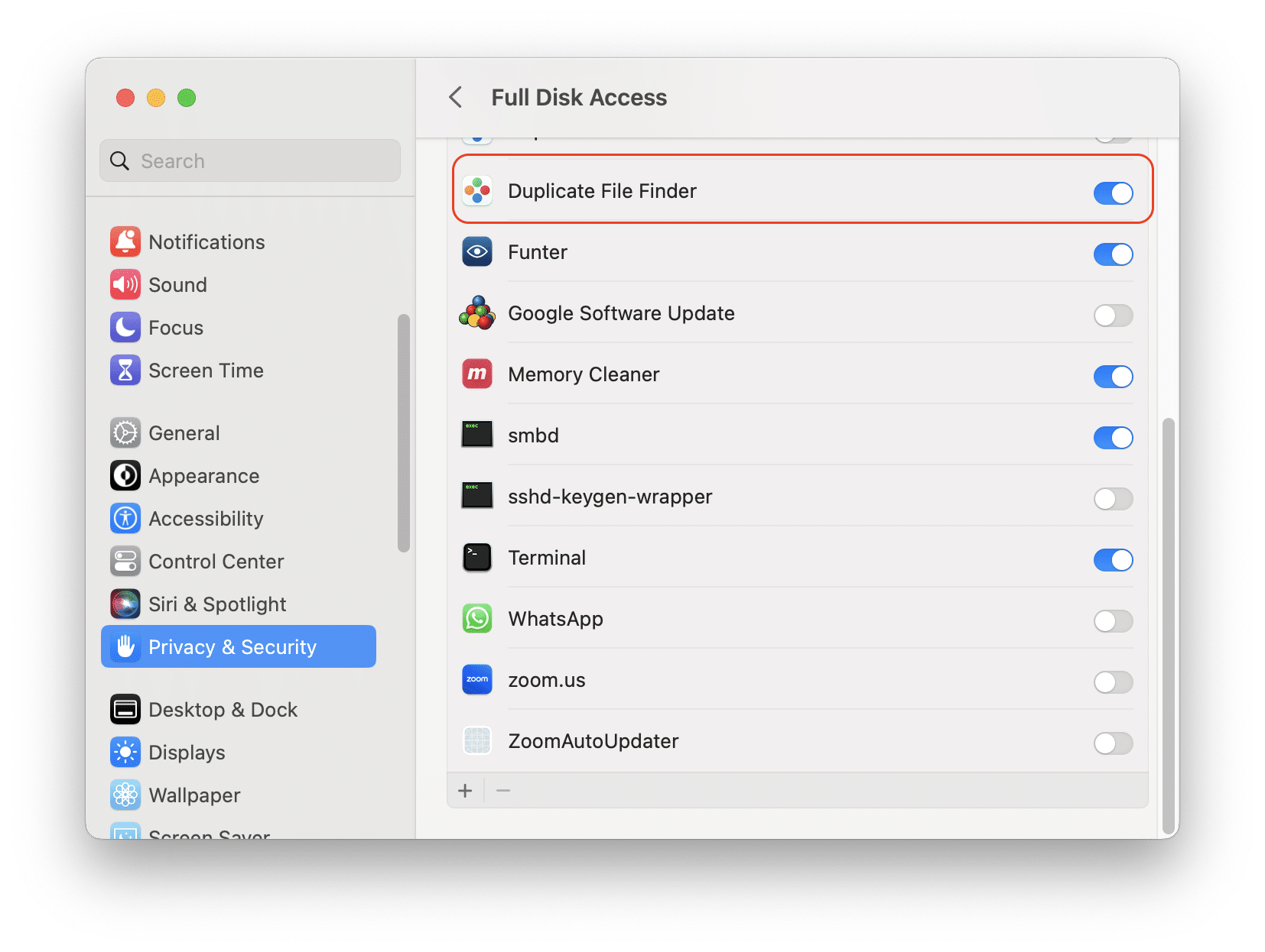 Full disk Access for Duplicate File Finder
