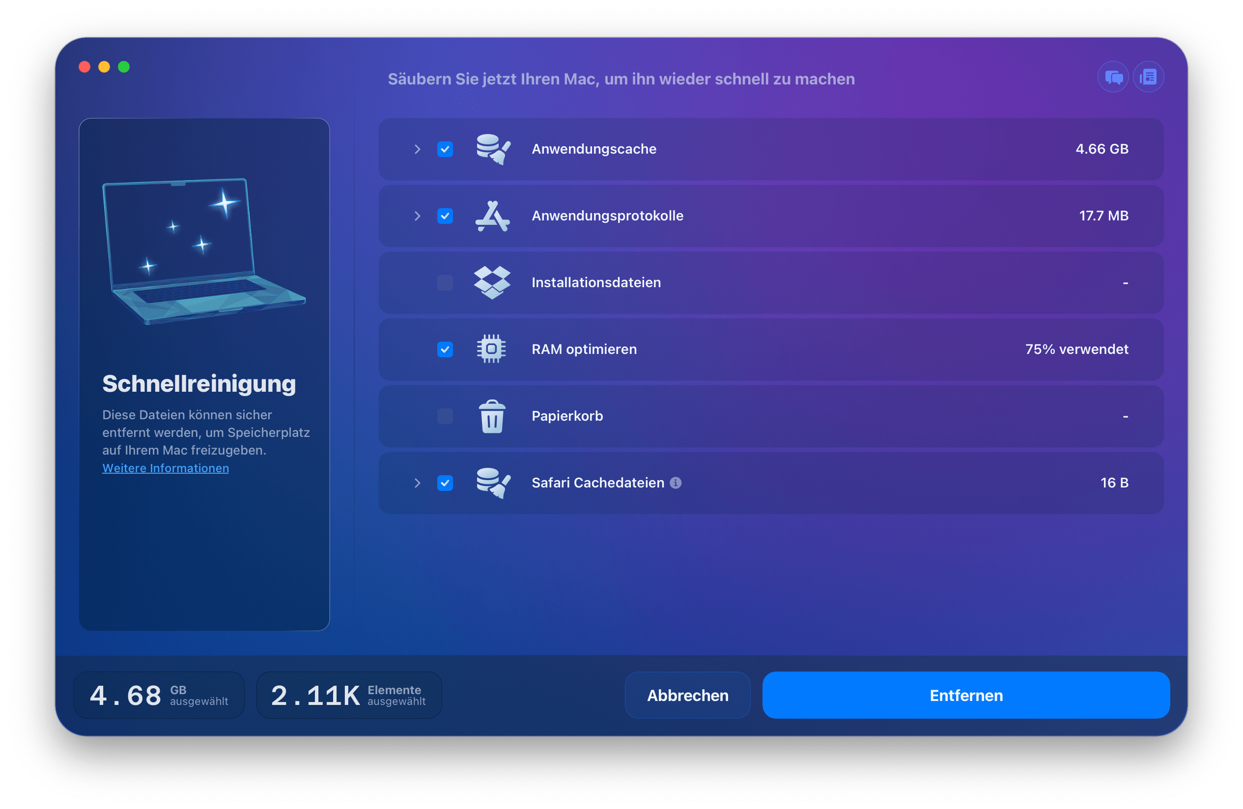 MacCleaner Pro showing the options in the fast cleanup mode
