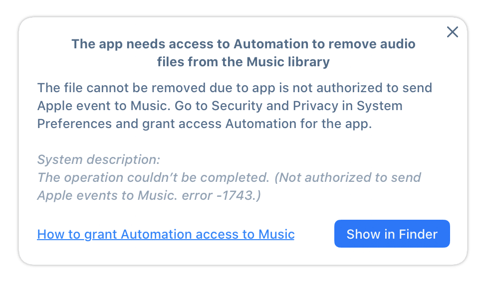 error message showing the need to grant automation access to Music