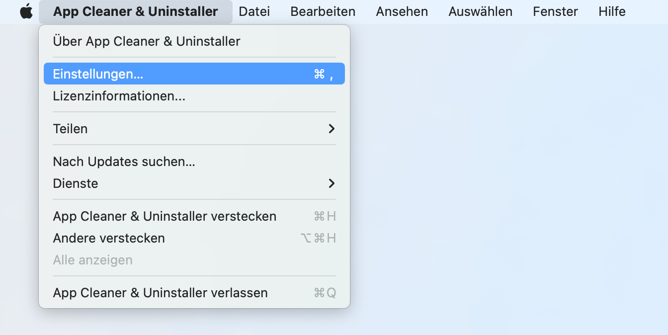 app cleaner uninstaller menu with the Preferences option highlighted