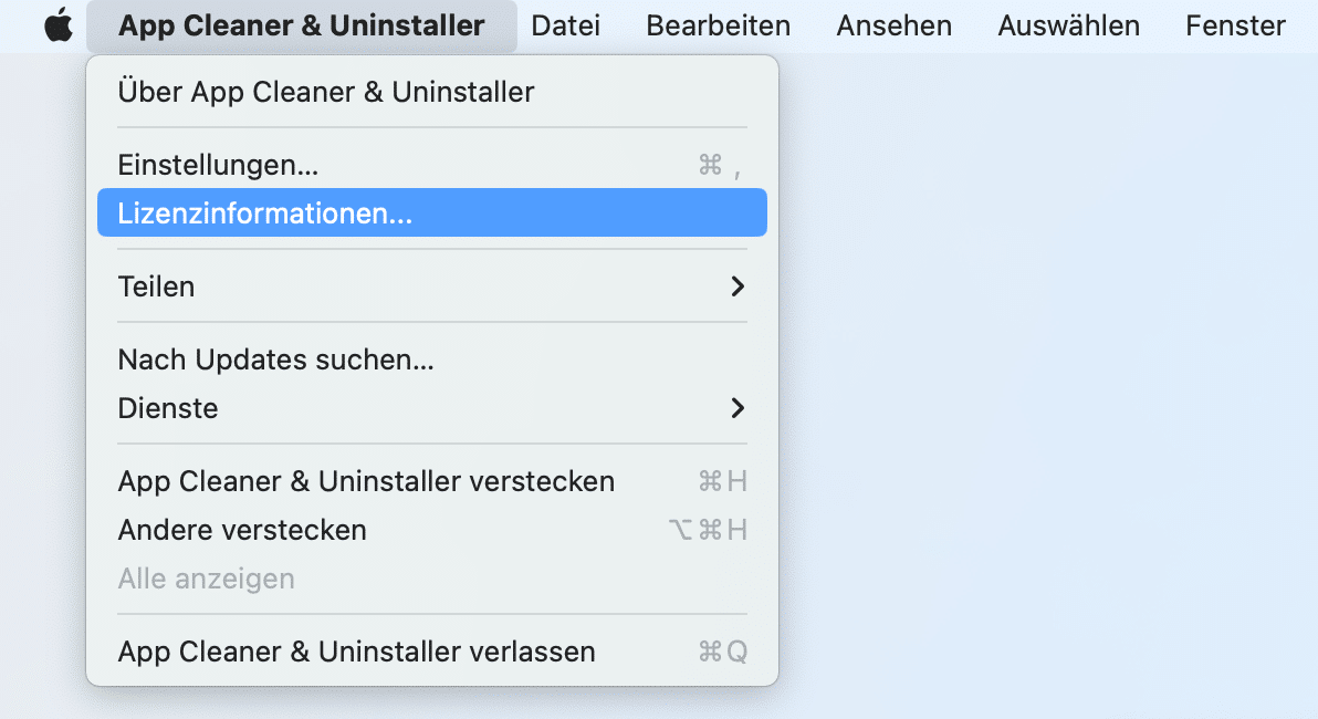 app cleaner uninstaller menu with license info command selected