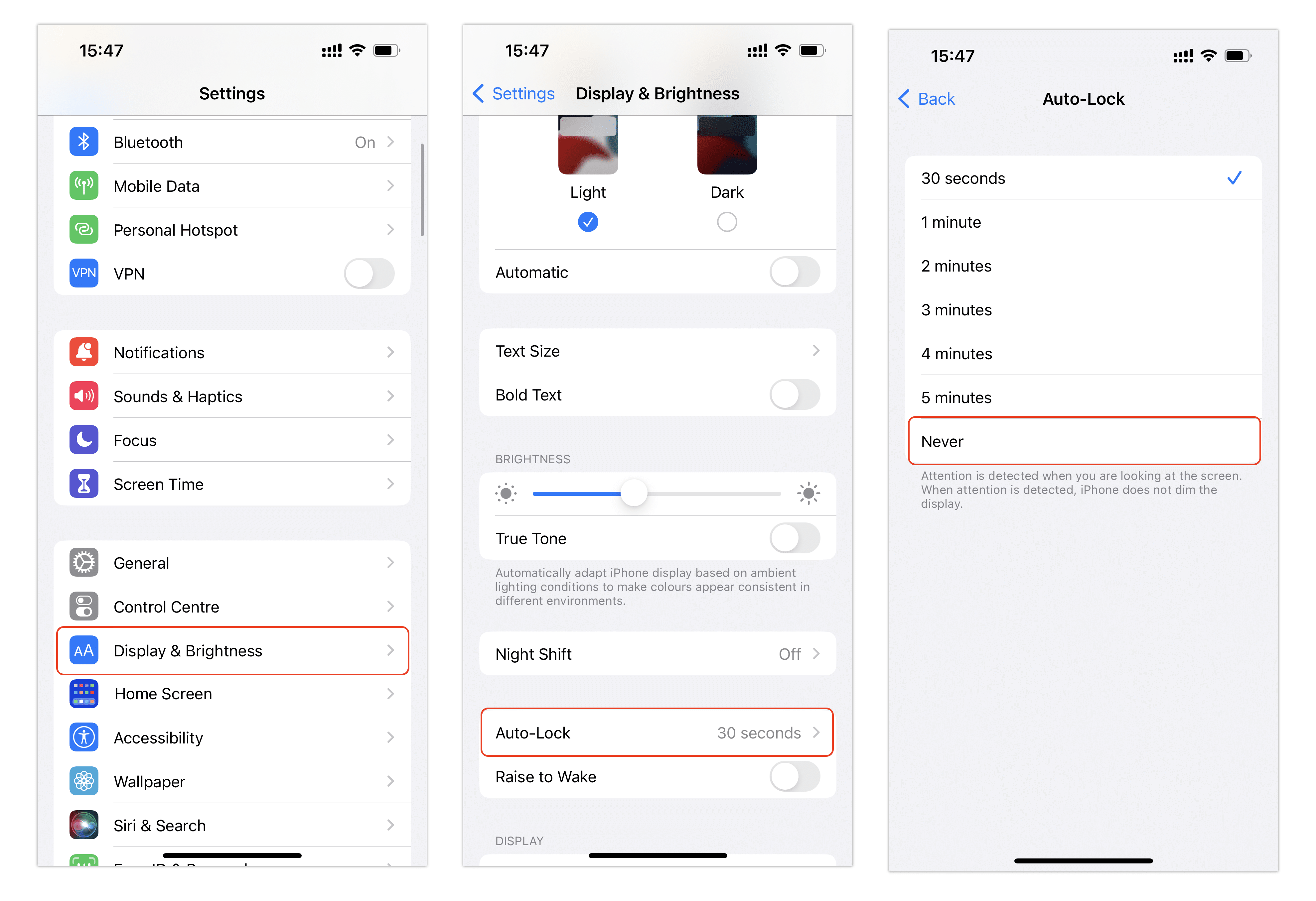 iPhone screens showing how to change Auto-Lock time