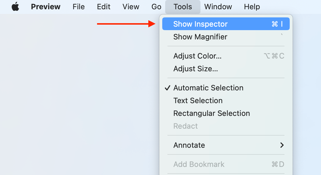 Photo Preview menu showing the Show Inspector option