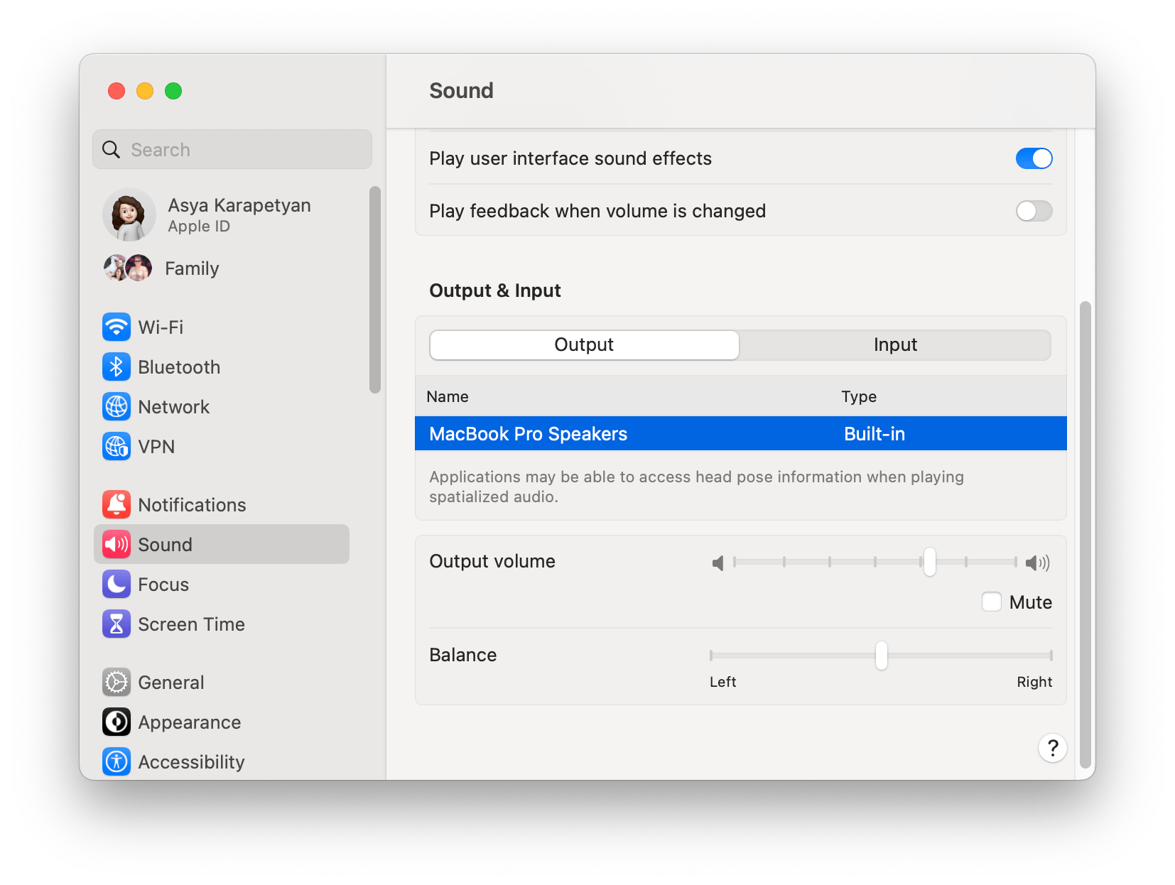 System Settings showing the Sound section