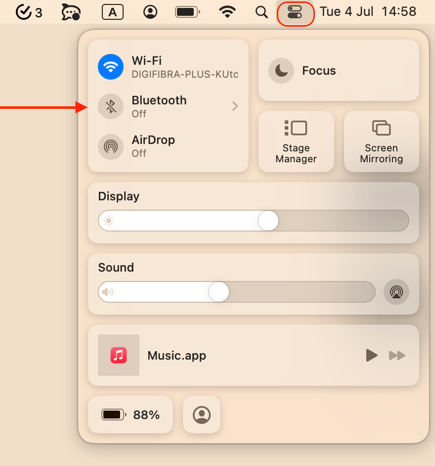 Control Center showing Bluetooth