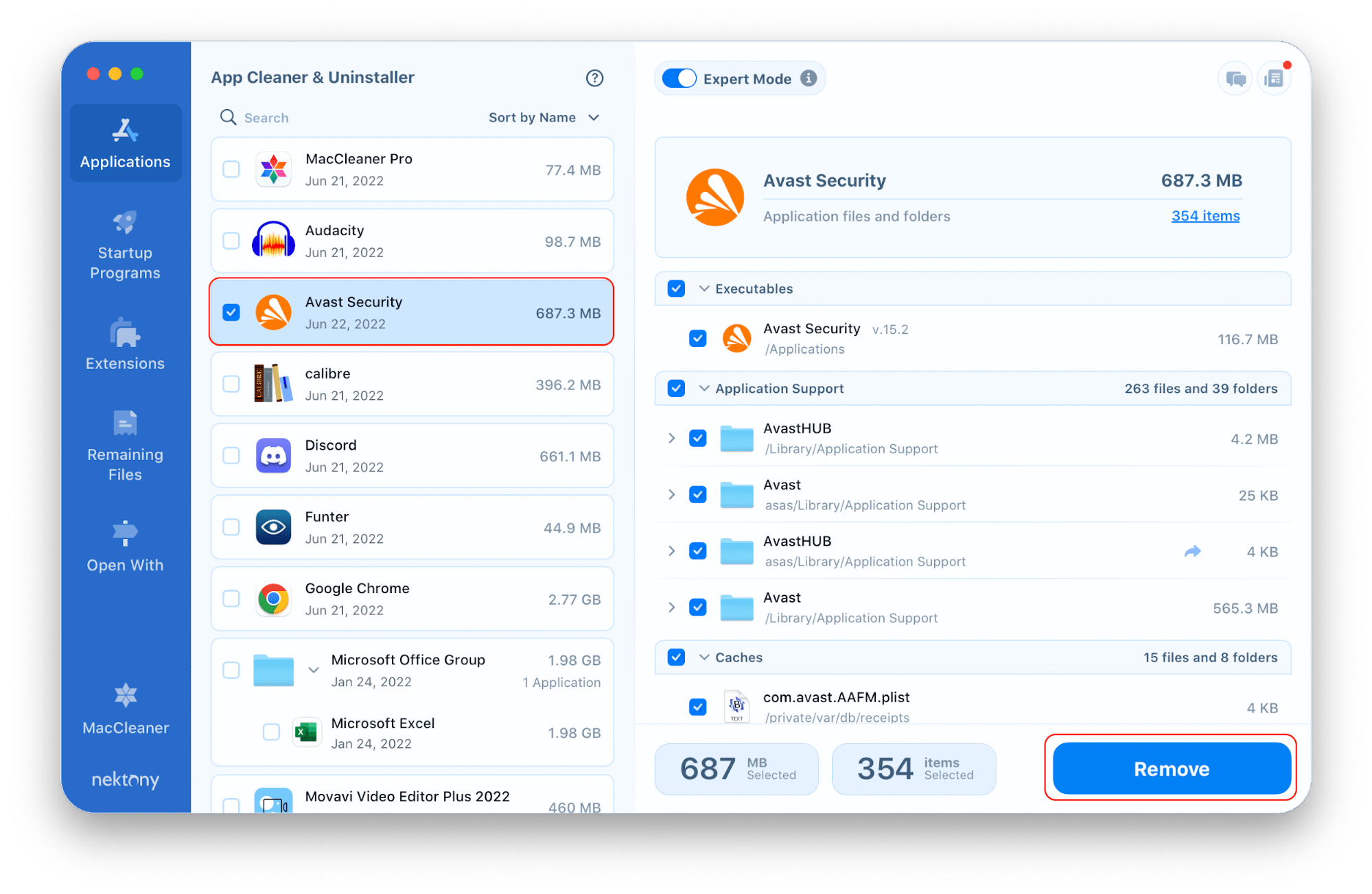 App Cleaner & Uninstaller window with Avast selected for removal