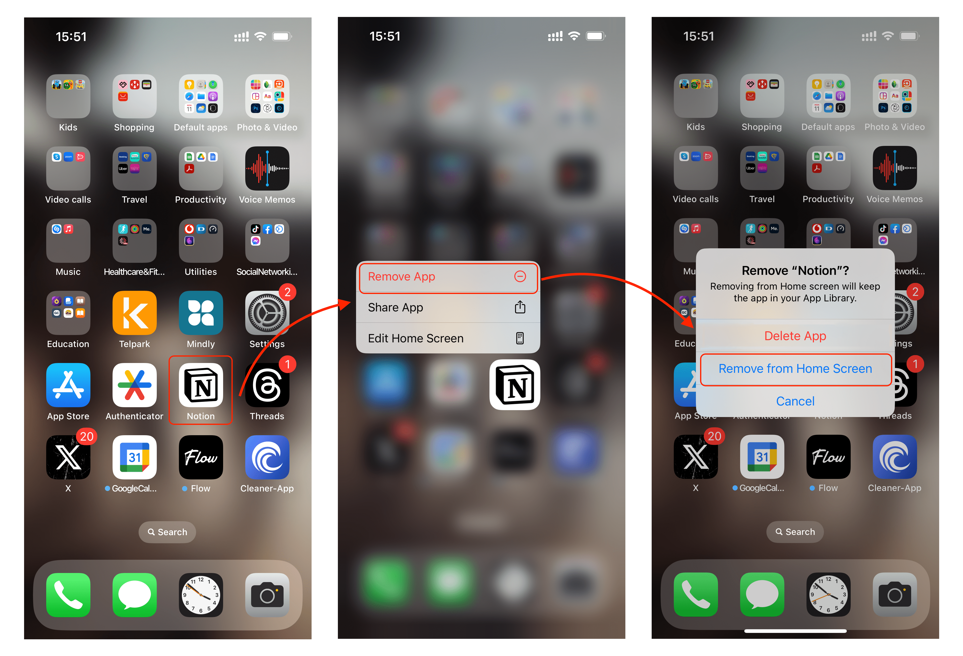 iPhone screens showing steps to hide apps