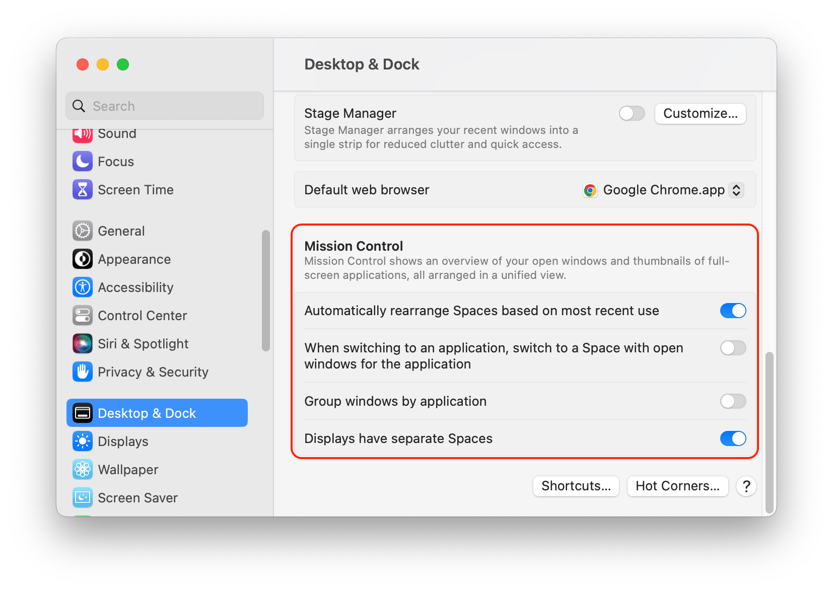 System Settings window showing Mission Control options