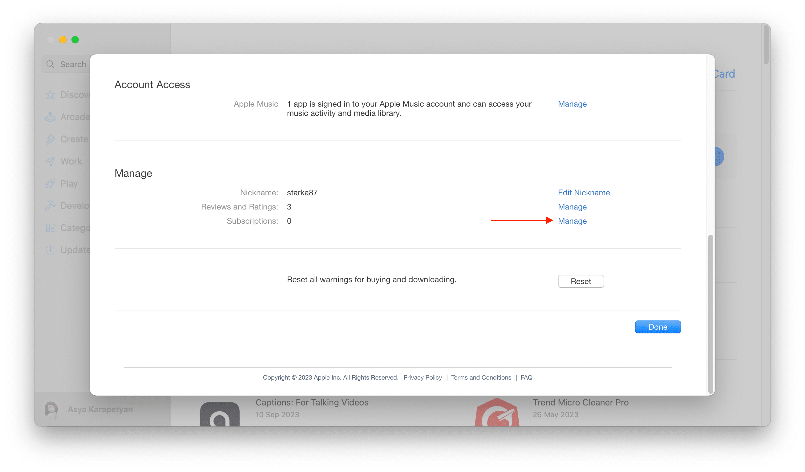 App Store account settings window