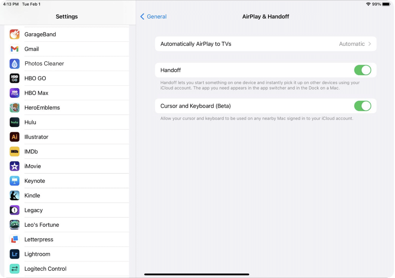 iPad settings showing AirPlay 