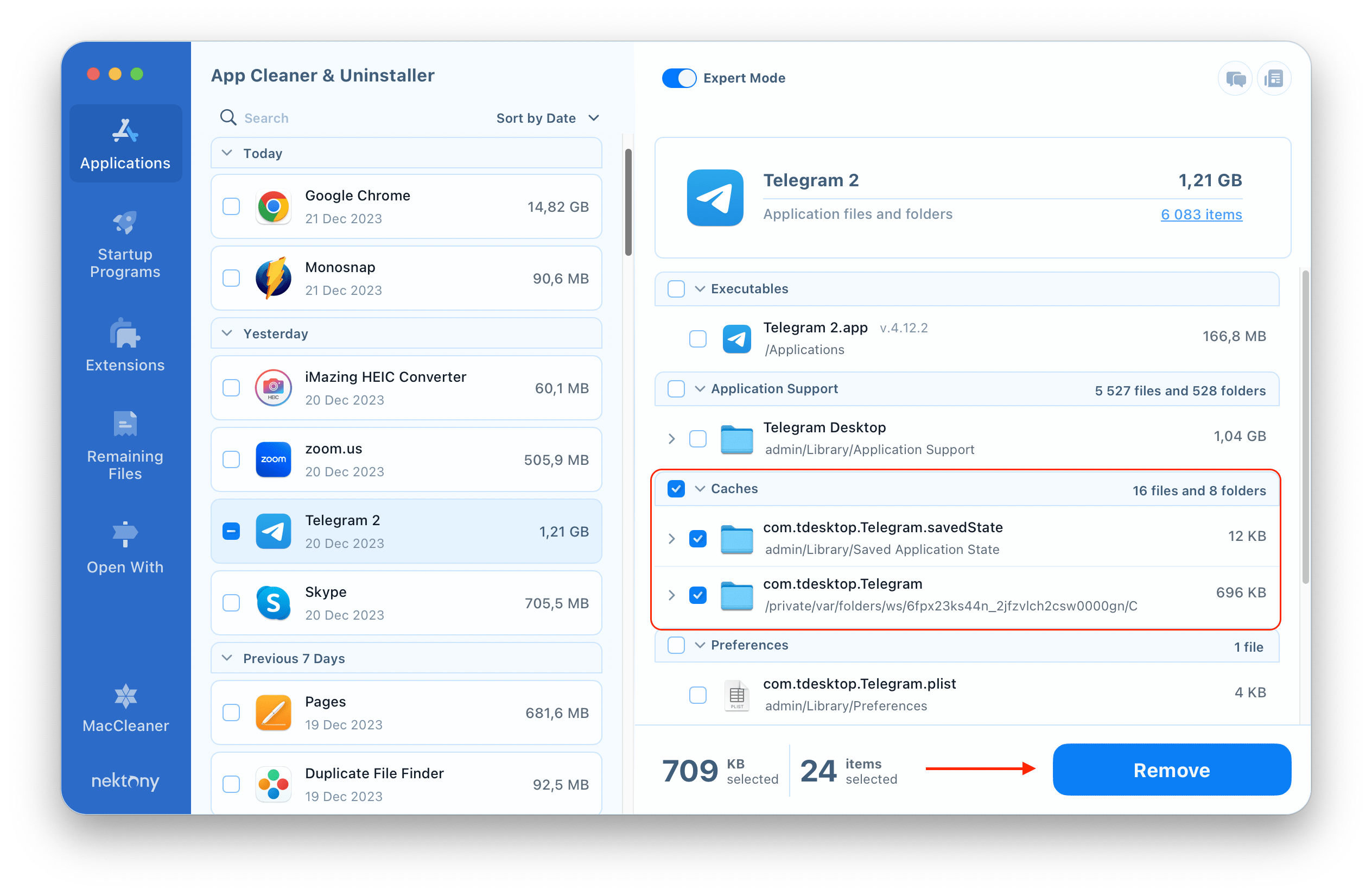 App Cleaner & Uninstaller showing cache files