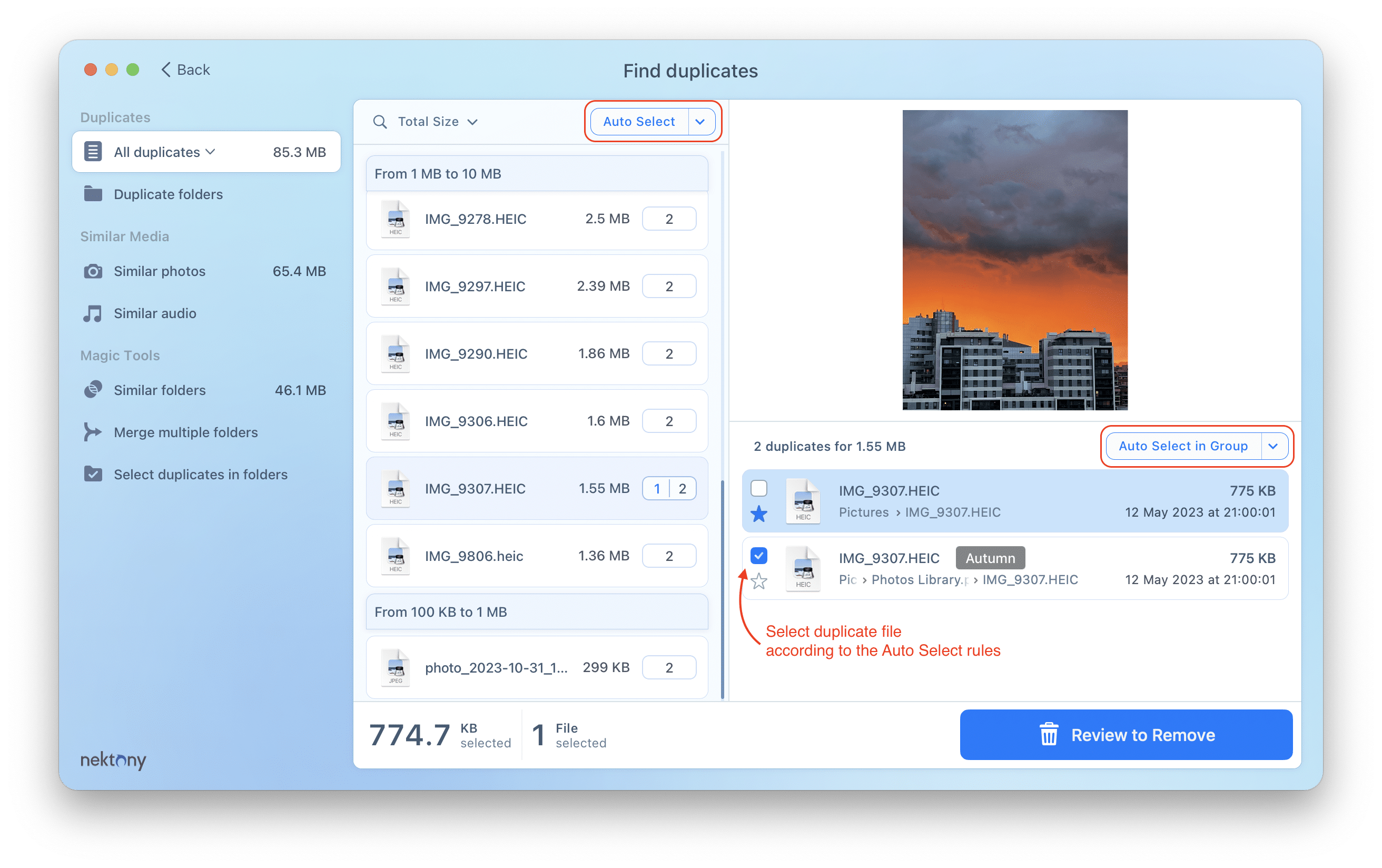 Duplicate File Finder with the Auto Select button highlighted