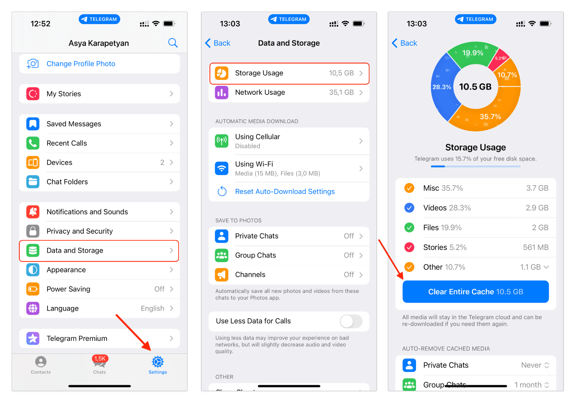 iPhone screens showing how to clear cache in Telegram