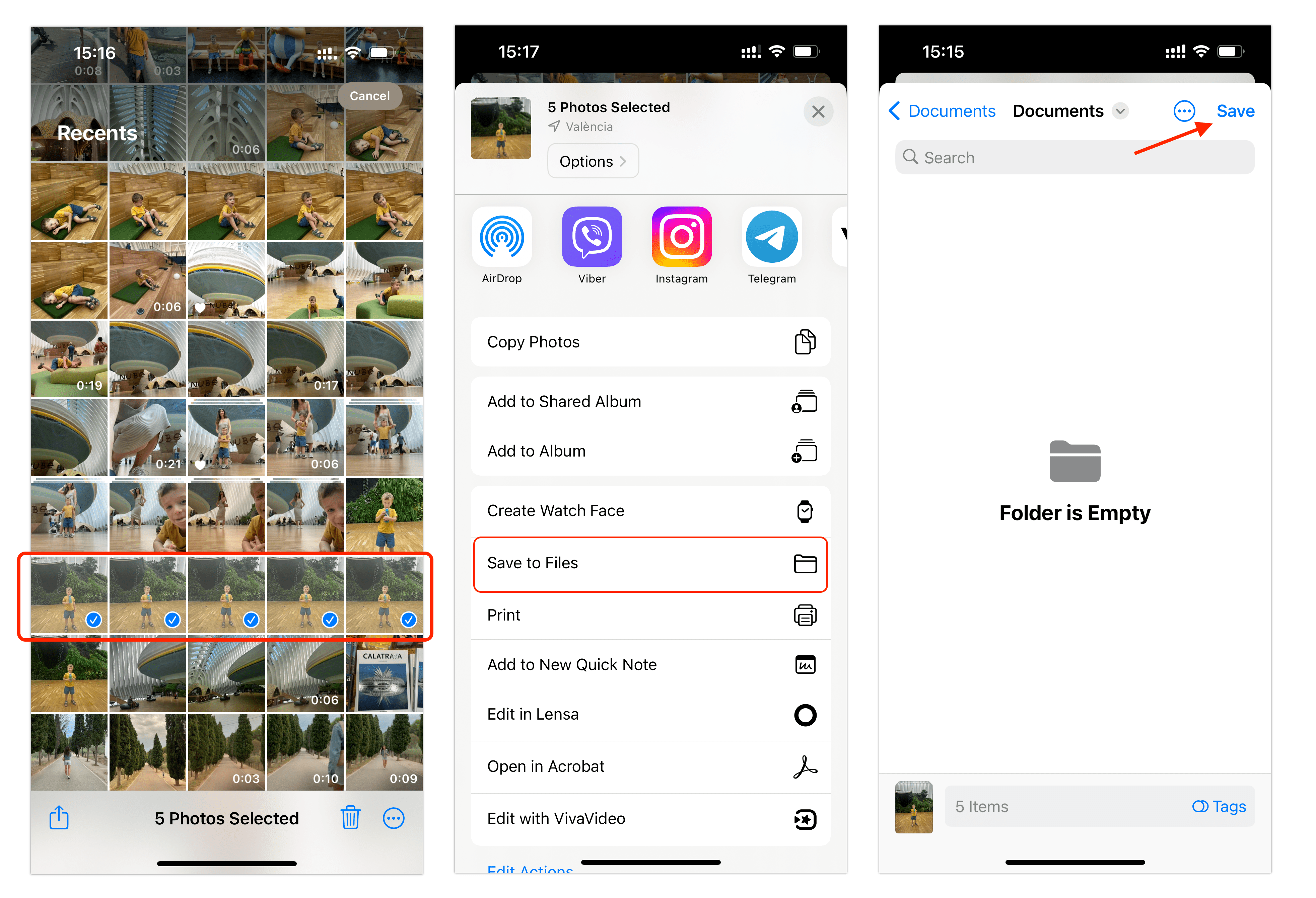iPhone screens showing how to use the Files app to convert photos