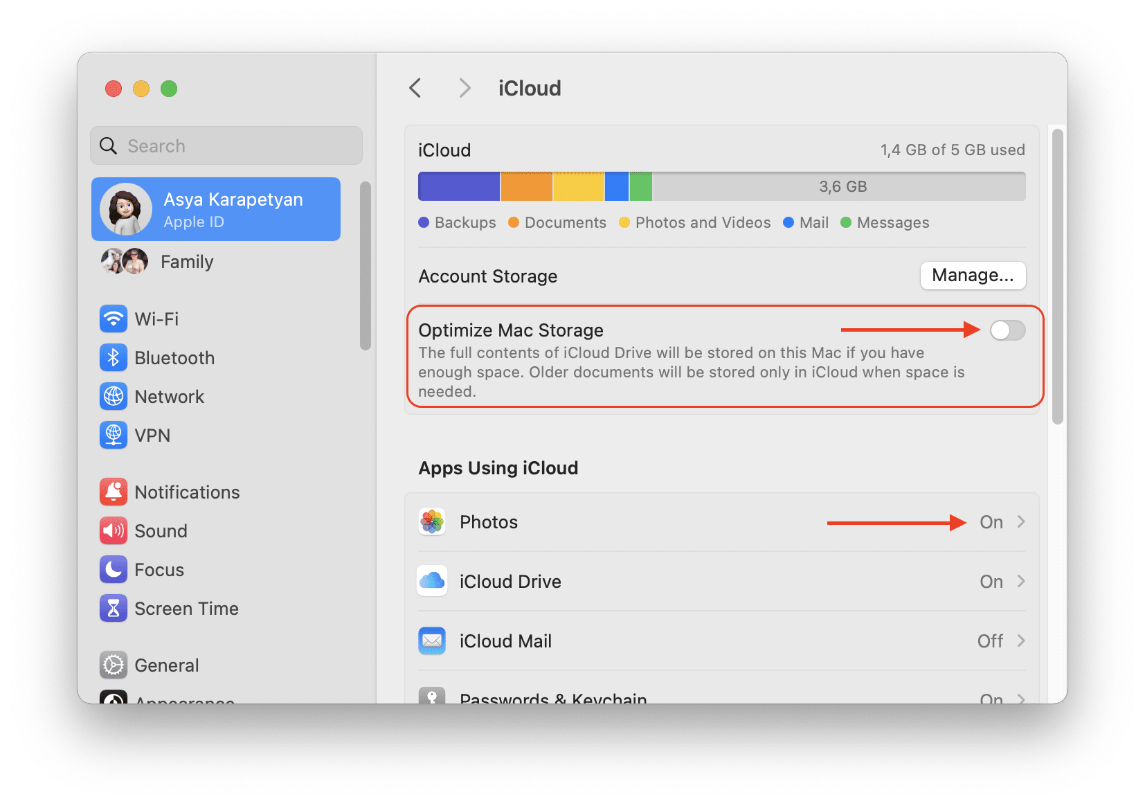 System Settings window showing iCloud settings