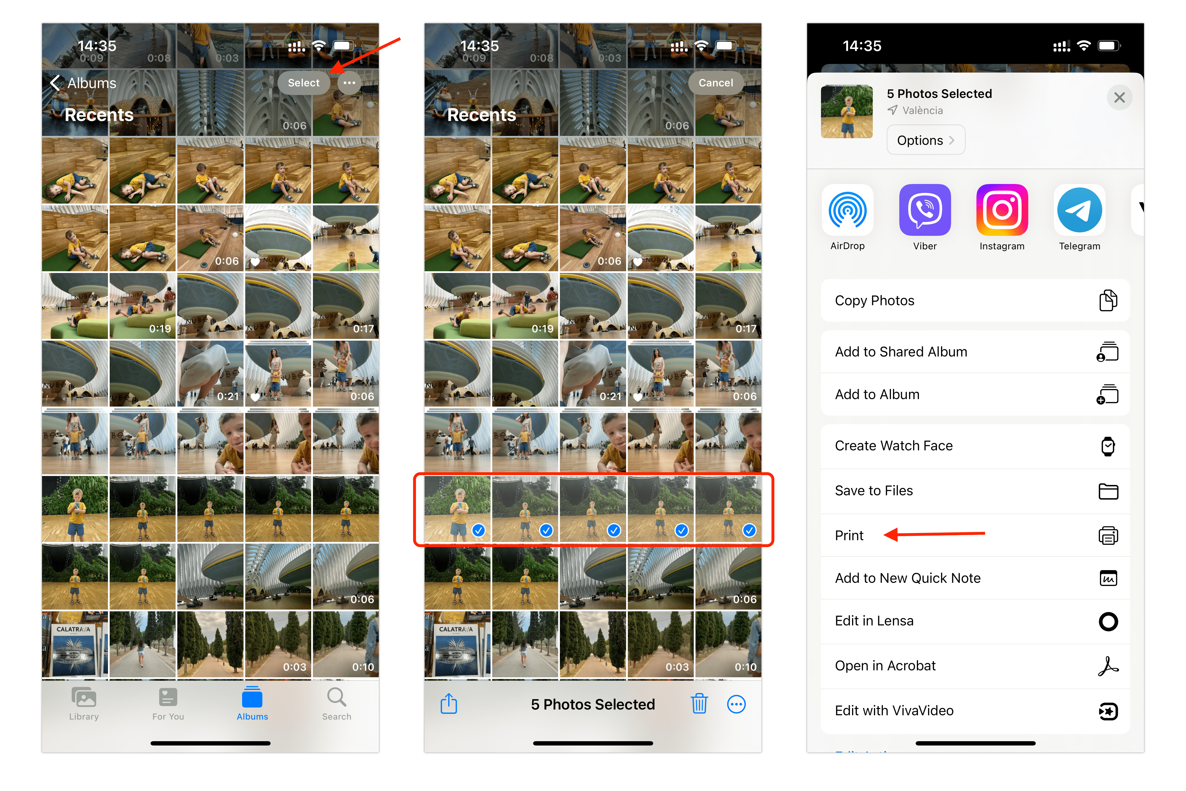 iPhone screens showing how to print photos