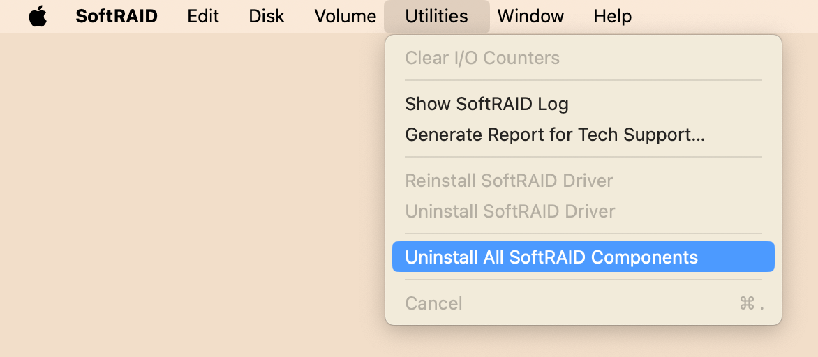SoftRAID menu showing the uninstallation option