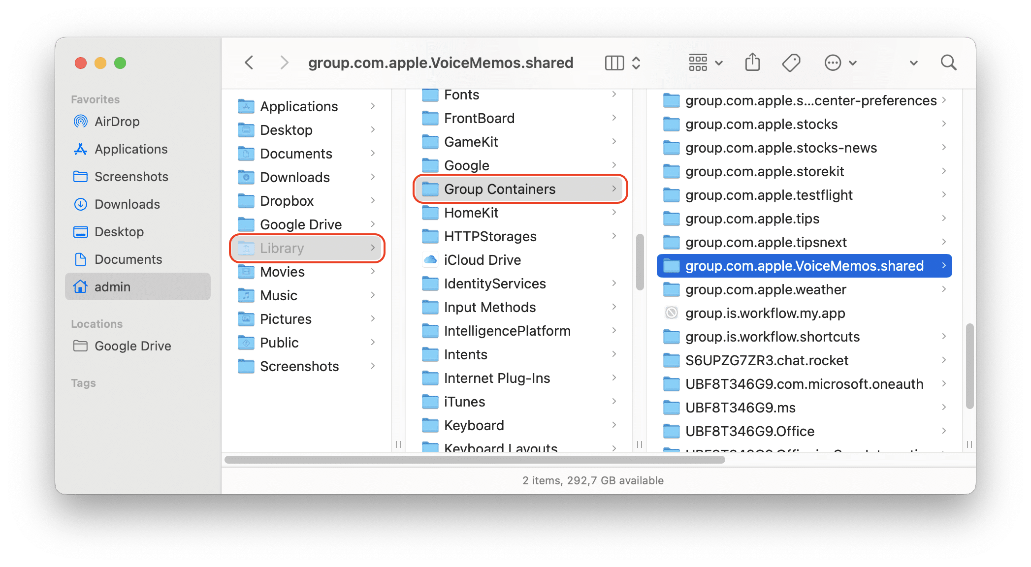 Finder window showing Voice Memos files location
