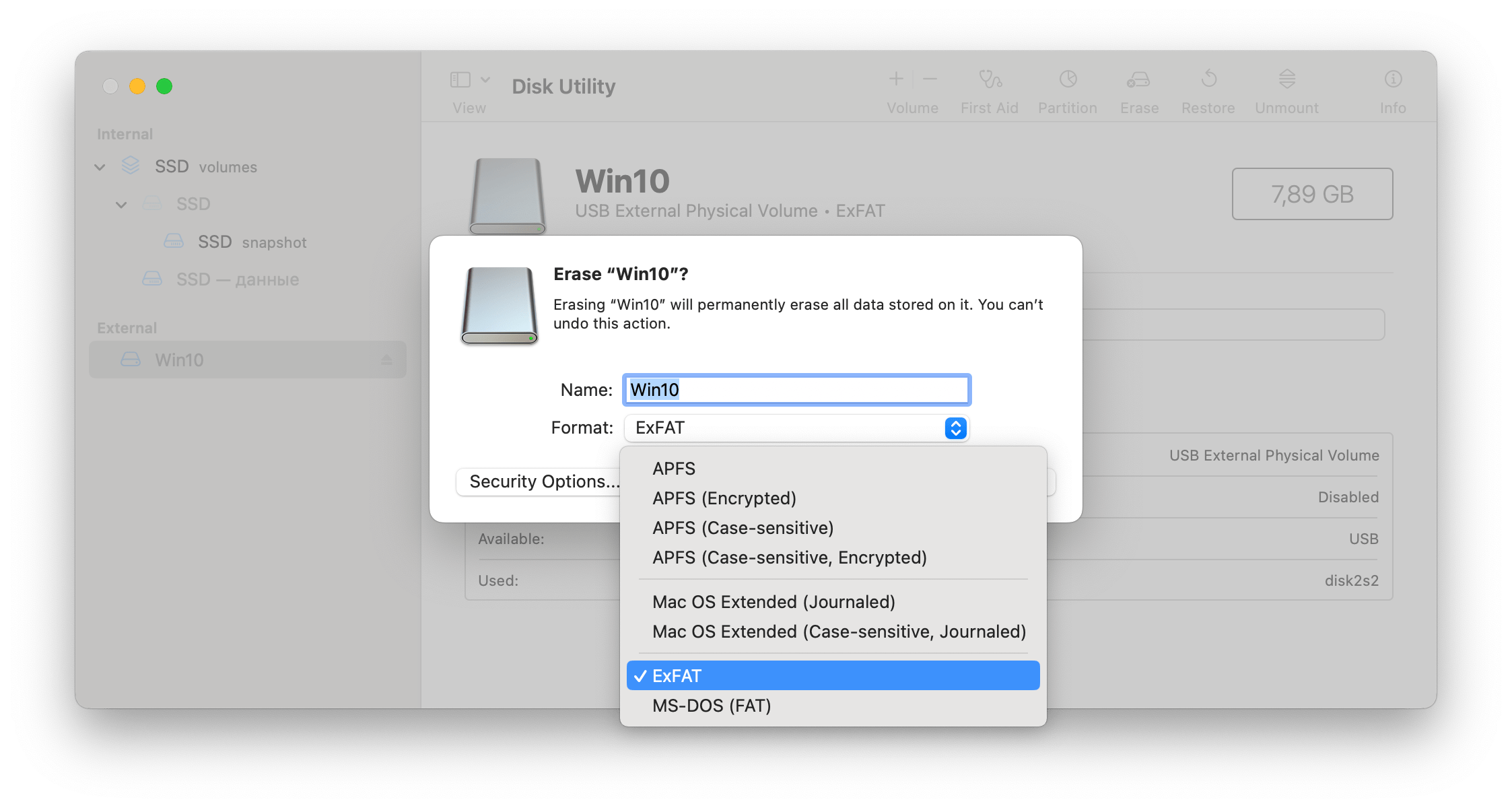 Disk Utility showing Erase options