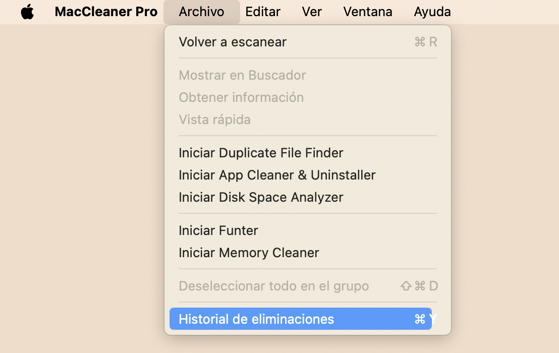 MacCleaner Pro menu showing the Removal History option