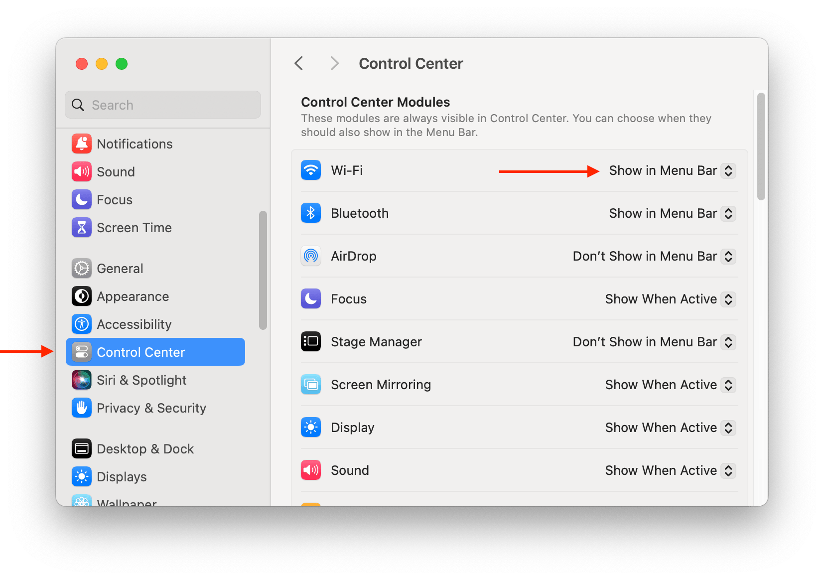 System Settings showing Control Center options