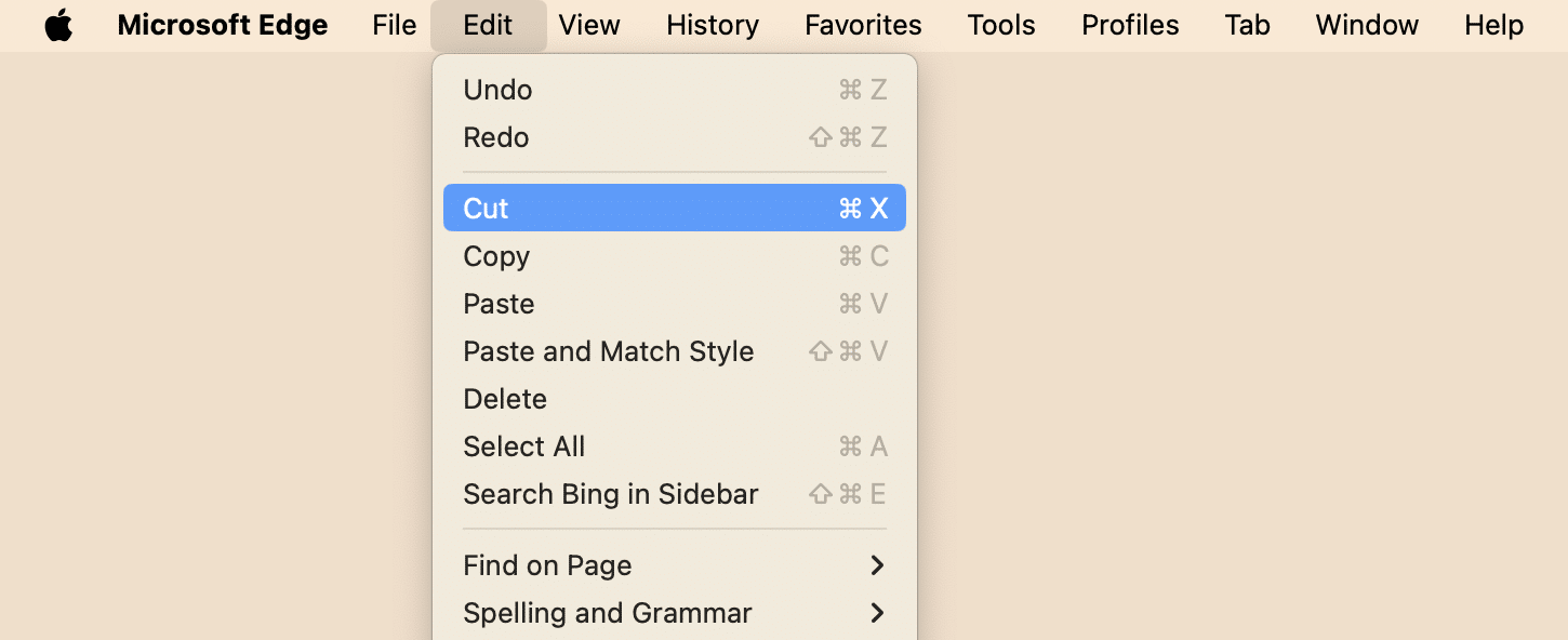 menu bar showing the Cut, Copy and Paste options