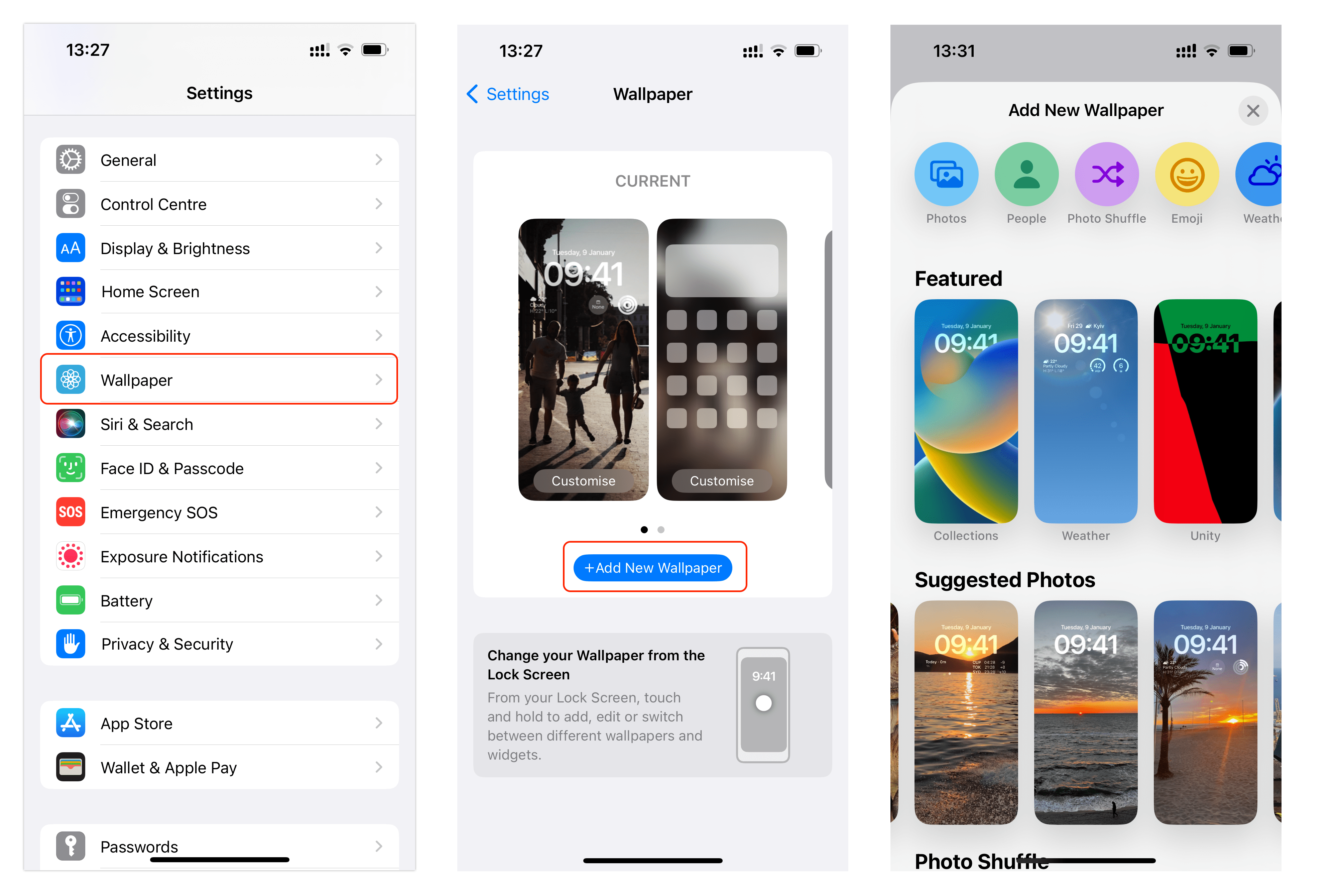 iPhone sreens showing how to change Lock Screen wallpaper