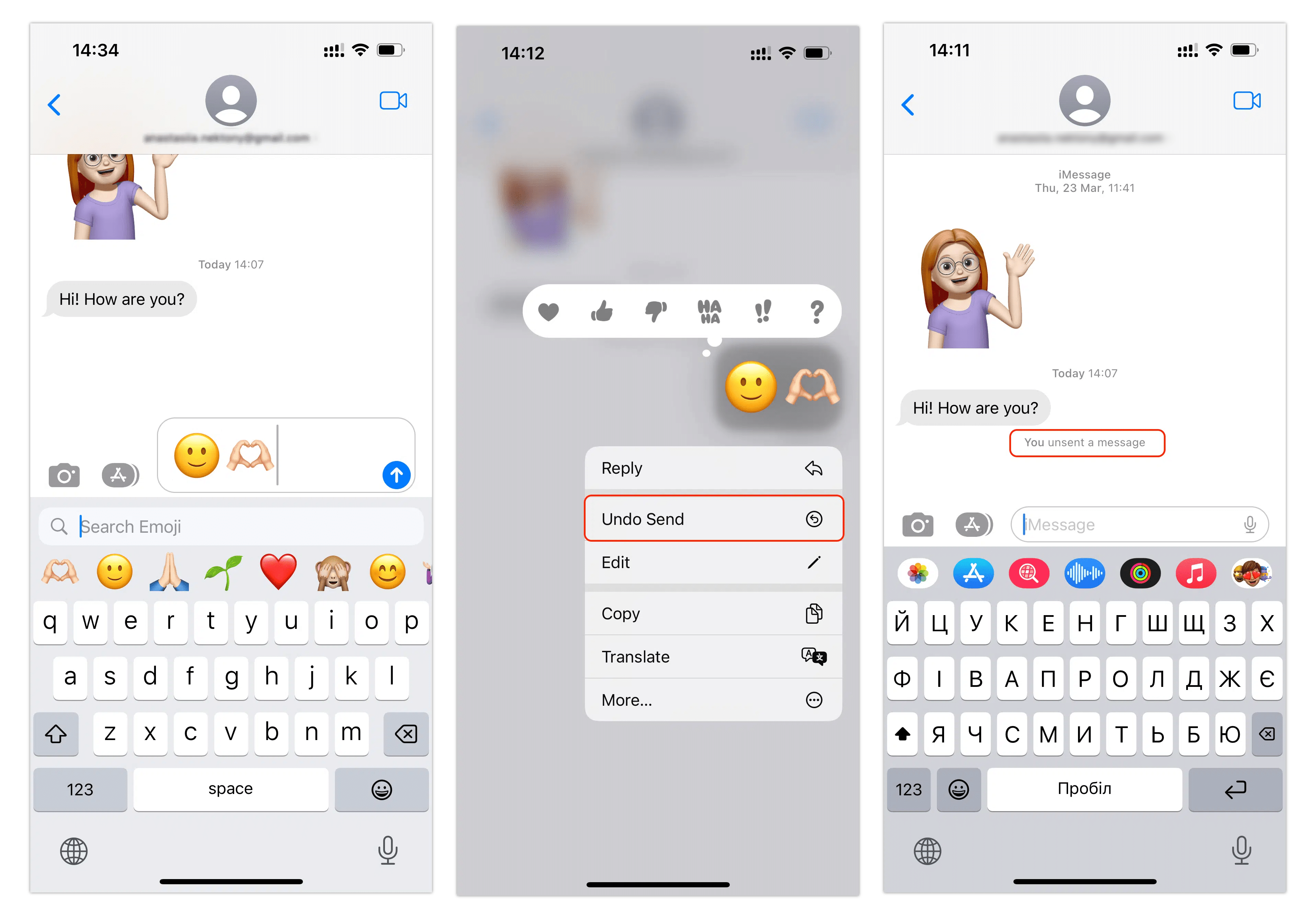 iPhone screens showing how to unsend iMessage