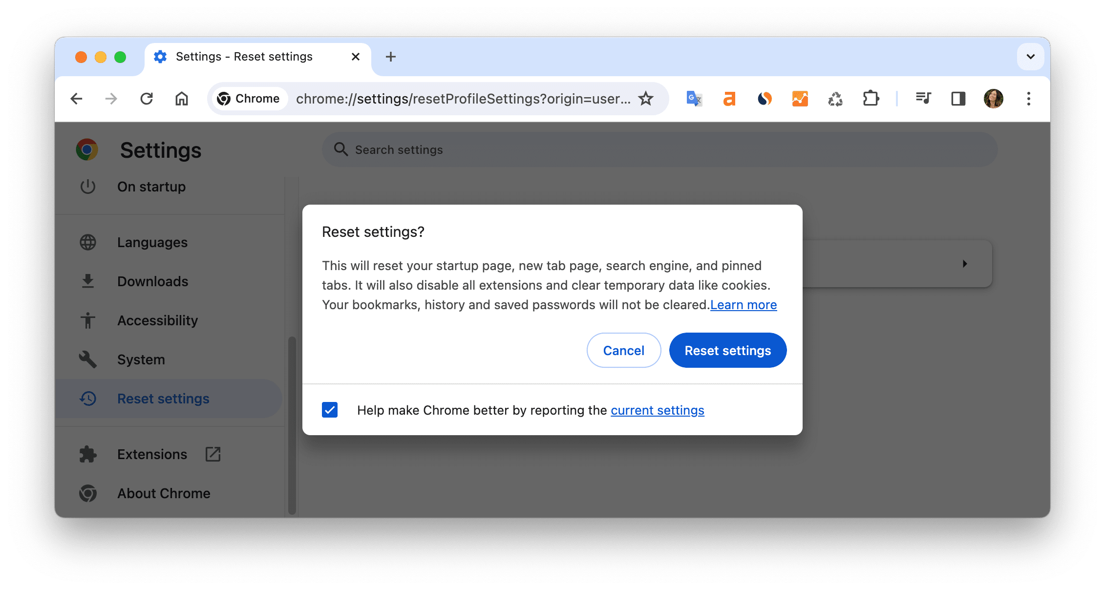 Chrome settings showing a popup to reset the browser