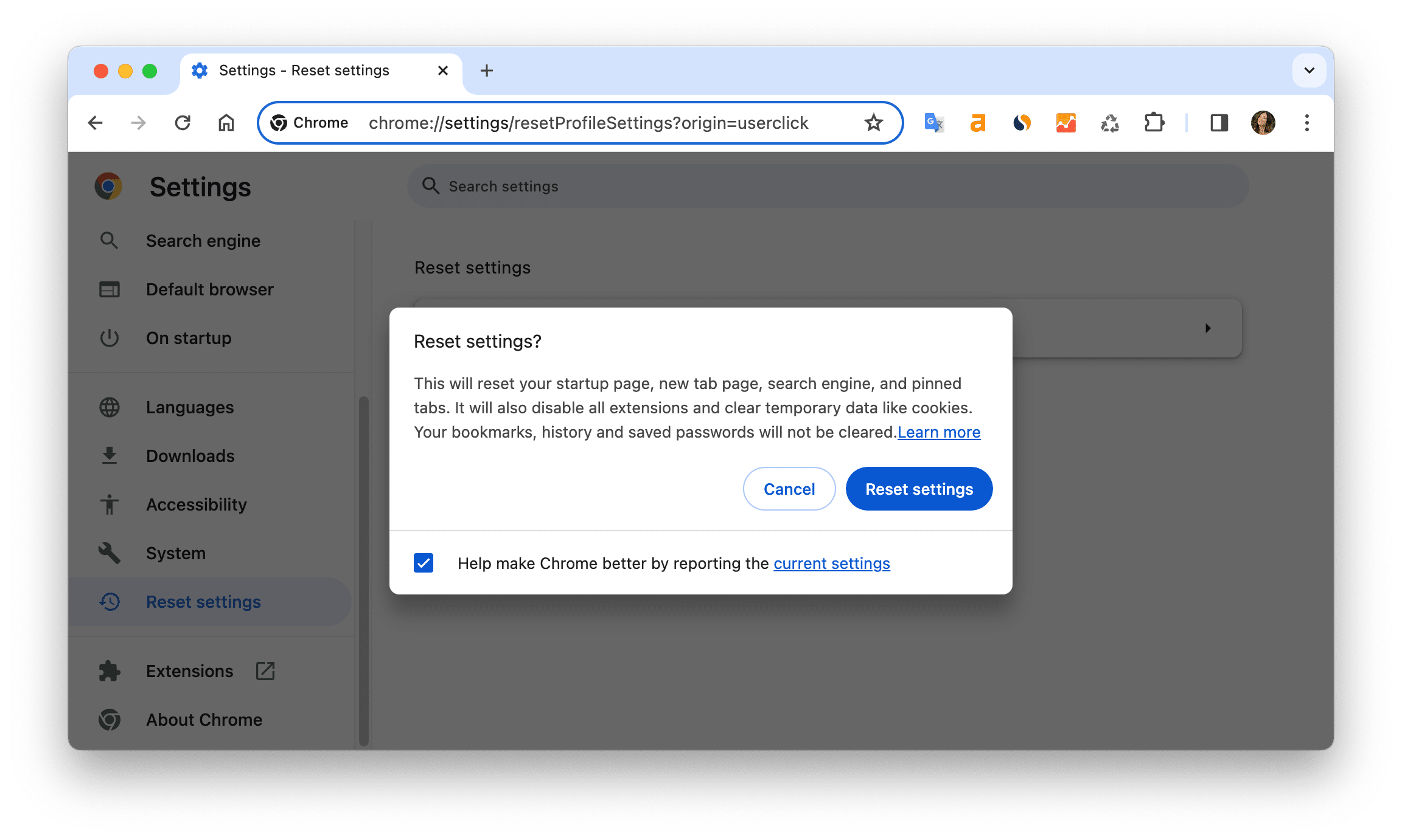 Chrome settings showing the button to Reset