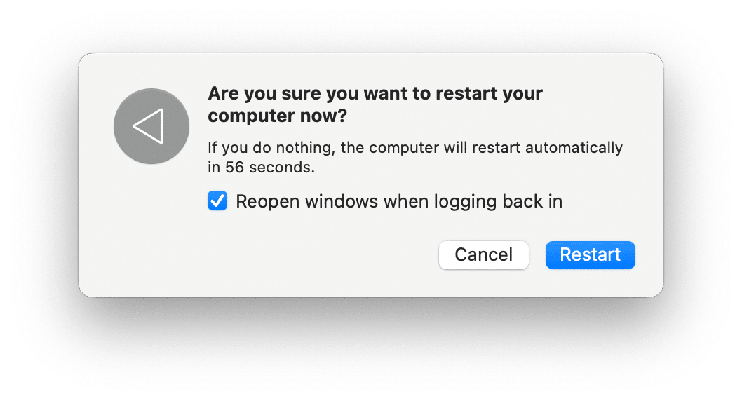 Confirmation window to restart a Mac