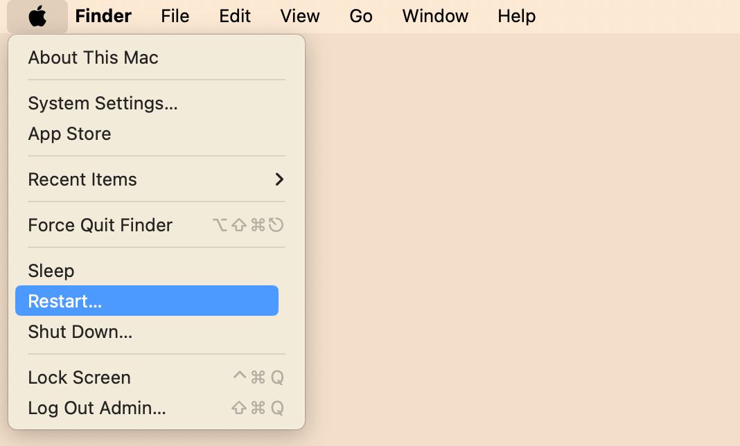 Mac menu showing the Restart option