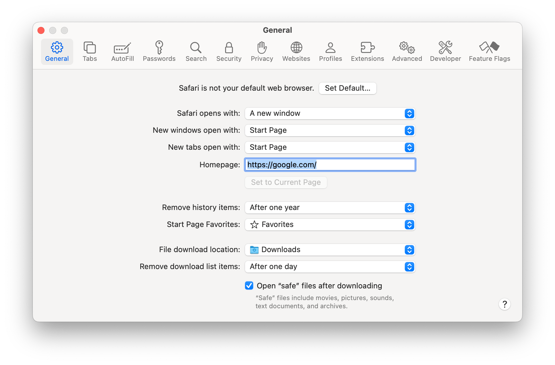Safari settings window